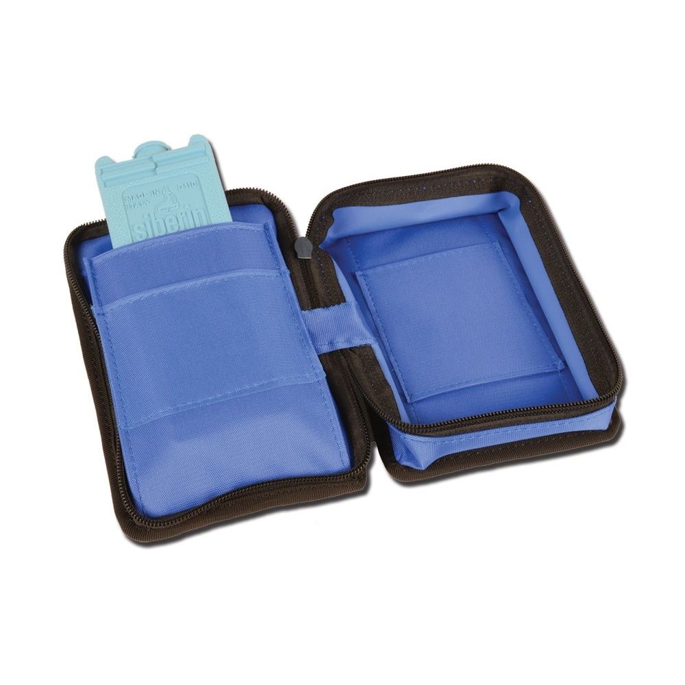 Borsa in nylon blu aperta con bordatura nera. Scomparti interni e ghiaccio sintetico.