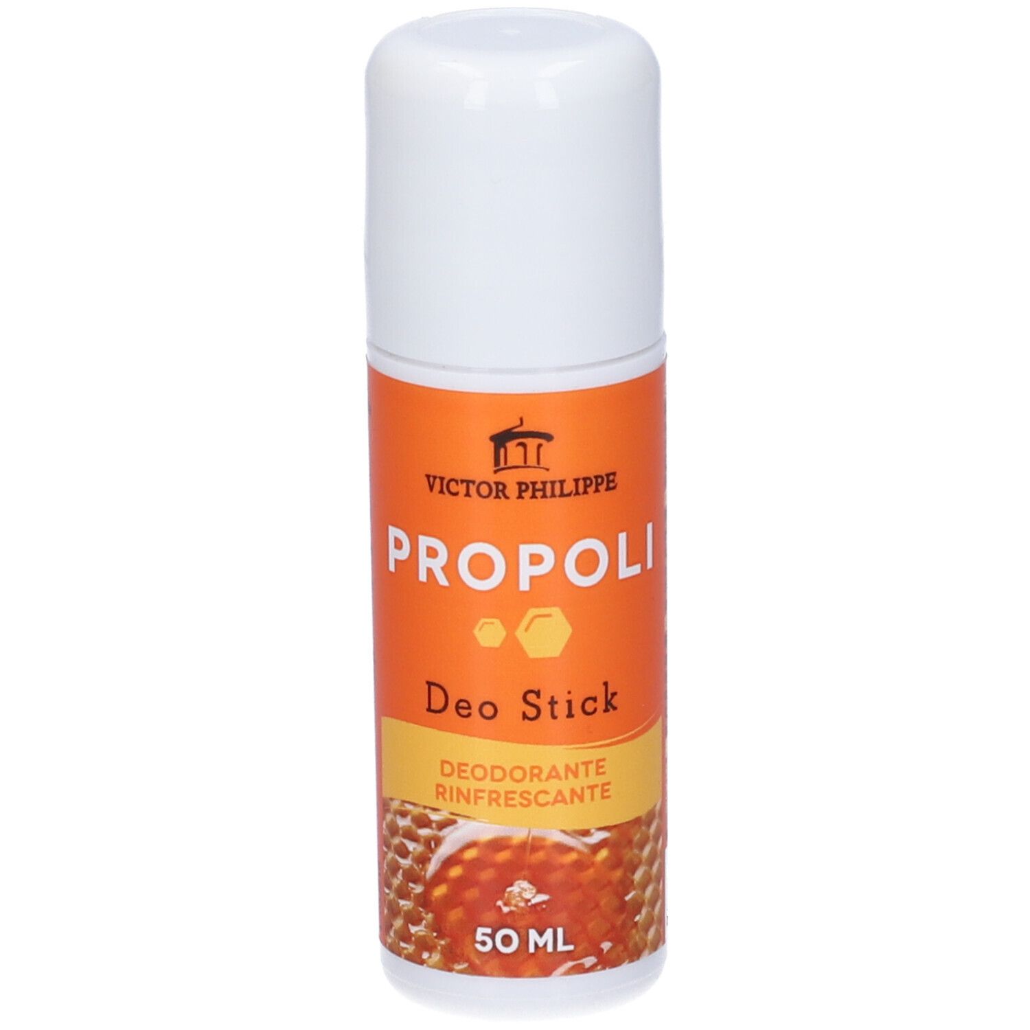 Deostick con tappo bianco ed etichetta arancione. Scritta: PROPOLI, Deo Stick, 50 ml.