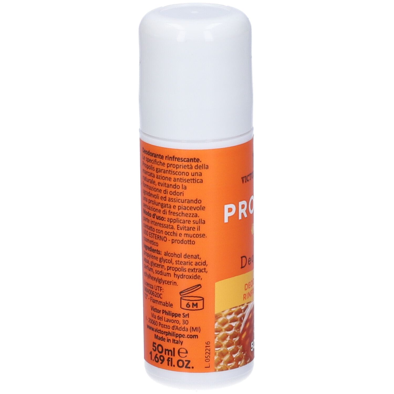 Deostick con tappo bianco ed etichetta arancione. Scritta: PROPOLI, Deo Stick, 50 ml.