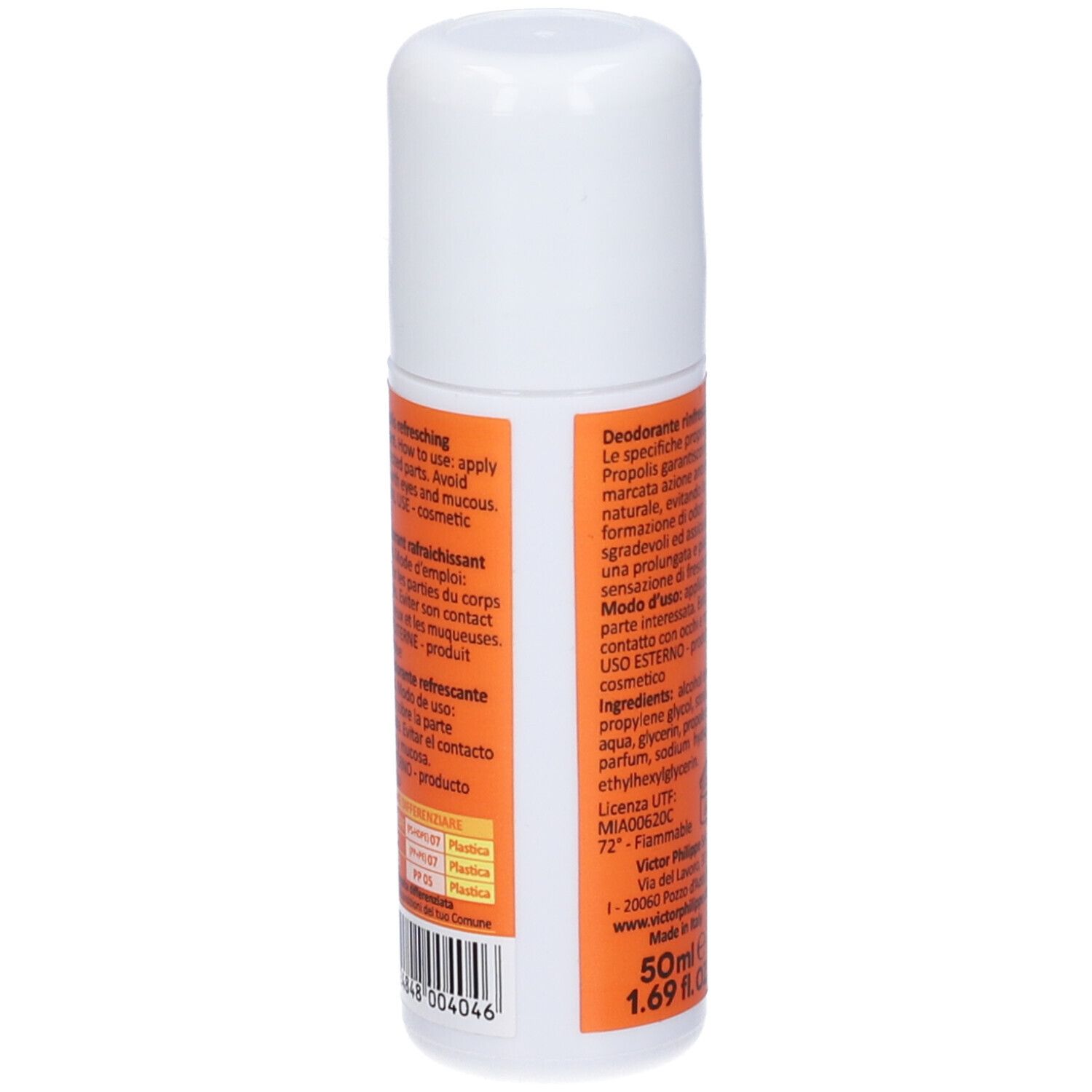 Deostick con tappo bianco ed etichetta arancione. Scritta: PROPOLI, Deo Stick, 50 ml.