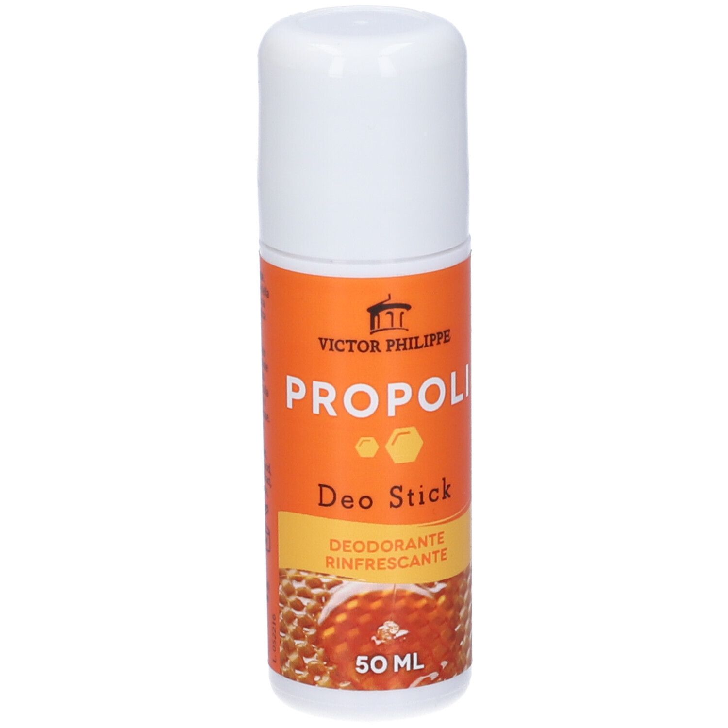 Deostick con tappo bianco ed etichetta arancione. Scritta: PROPOLI, Deo Stick, 50 ml.