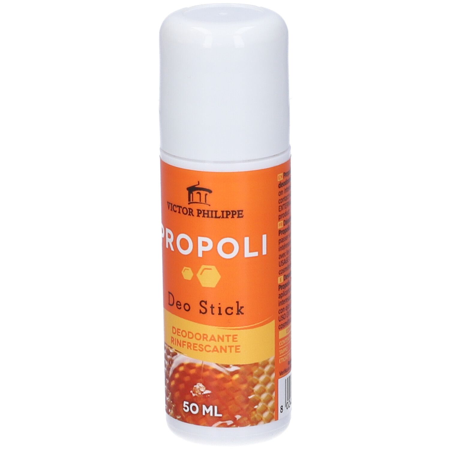 Deostick con tappo bianco ed etichetta arancione. Scritta: PROPOLI, Deo Stick, 50 ml.