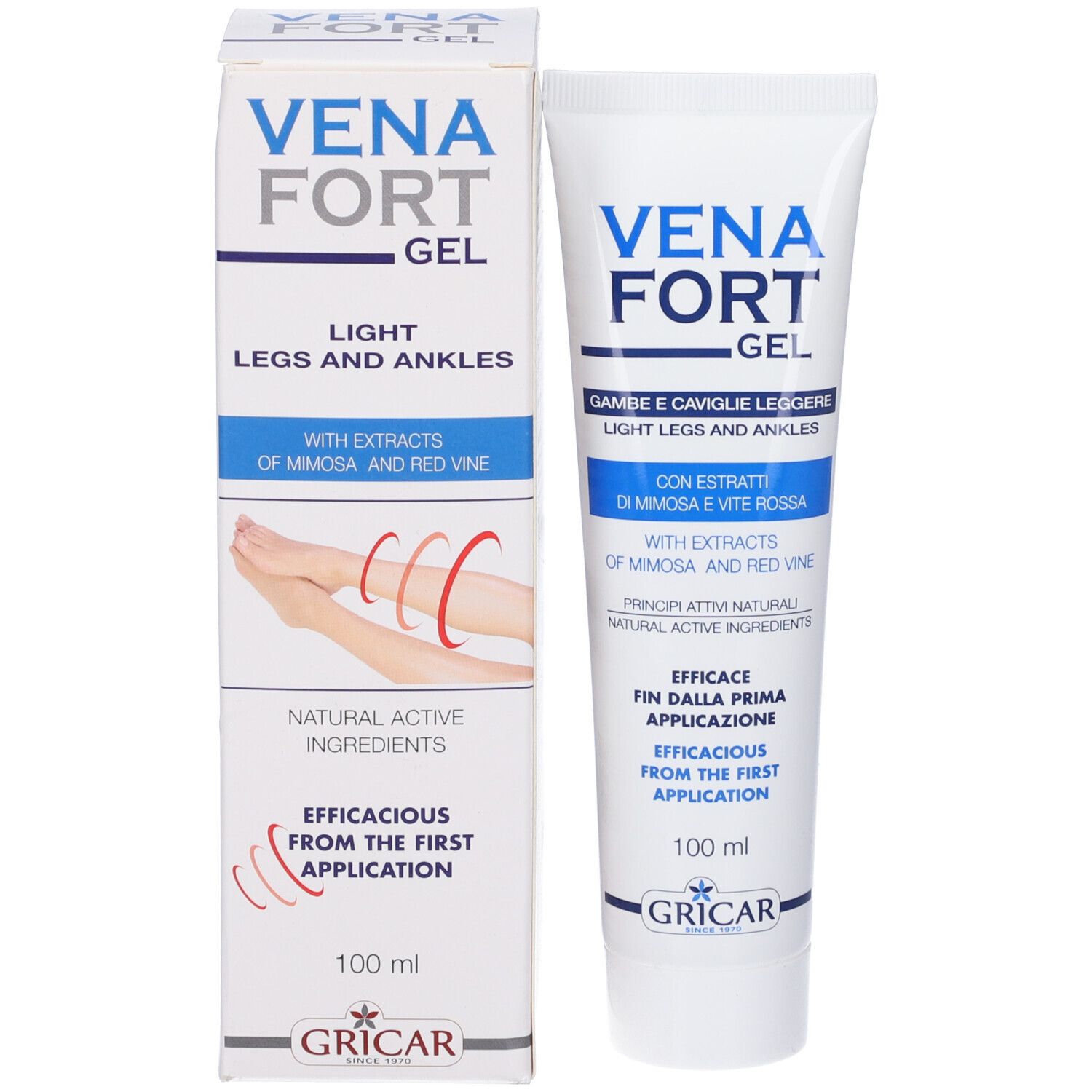 Confezione del prodotto con tubo e scatola. Sulla scatola: nome del prodotto, testo e immagine di gambe.