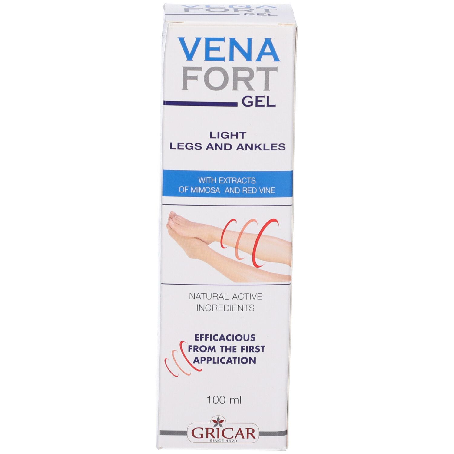 Scatola bianca con nome del prodotto e testo. Immagine di gambe e linee rosse. Marchio: GRICAR.