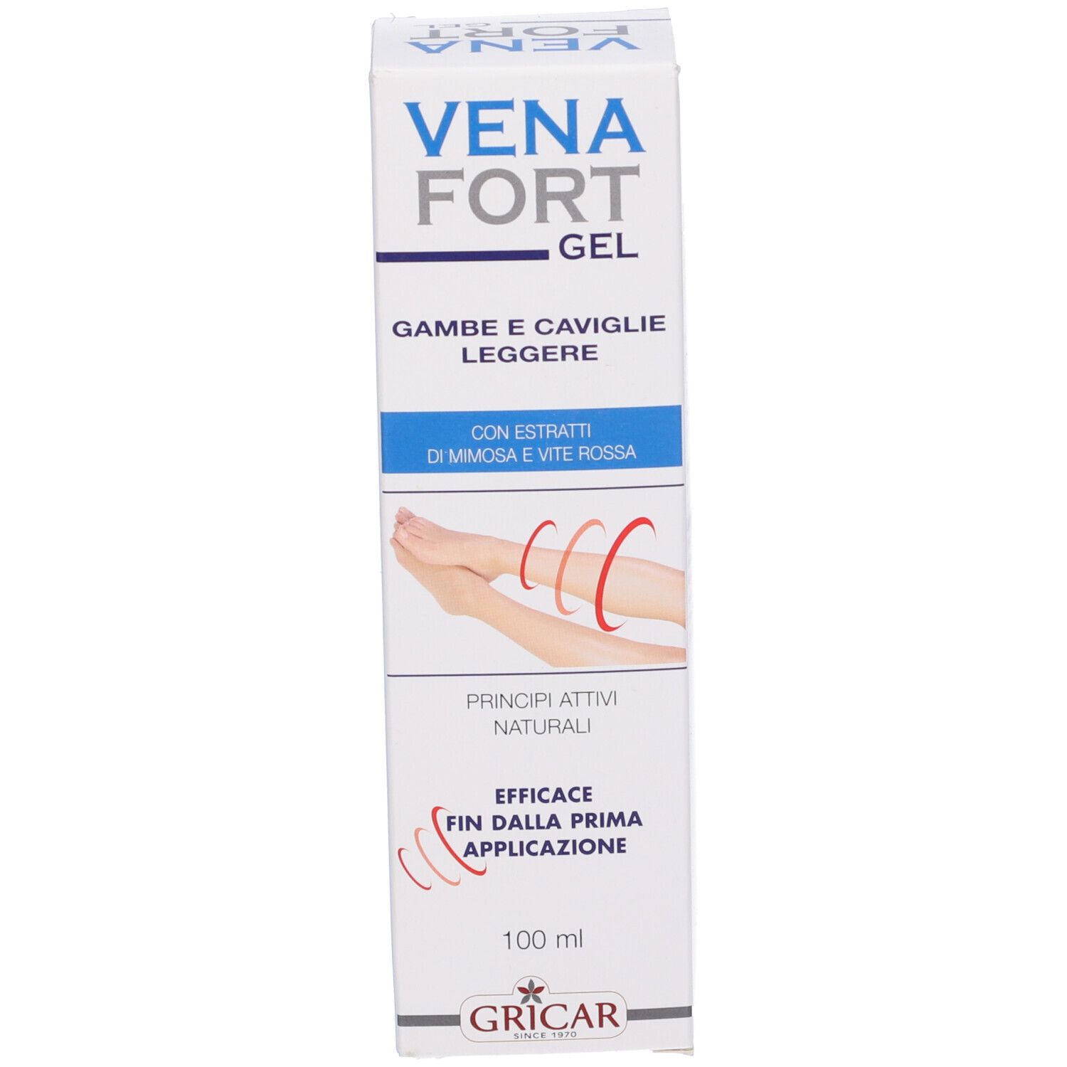 Scatola bianca con nome del prodotto e testo. Immagine di gambe e linee rosse. Marchio: GRICAR.