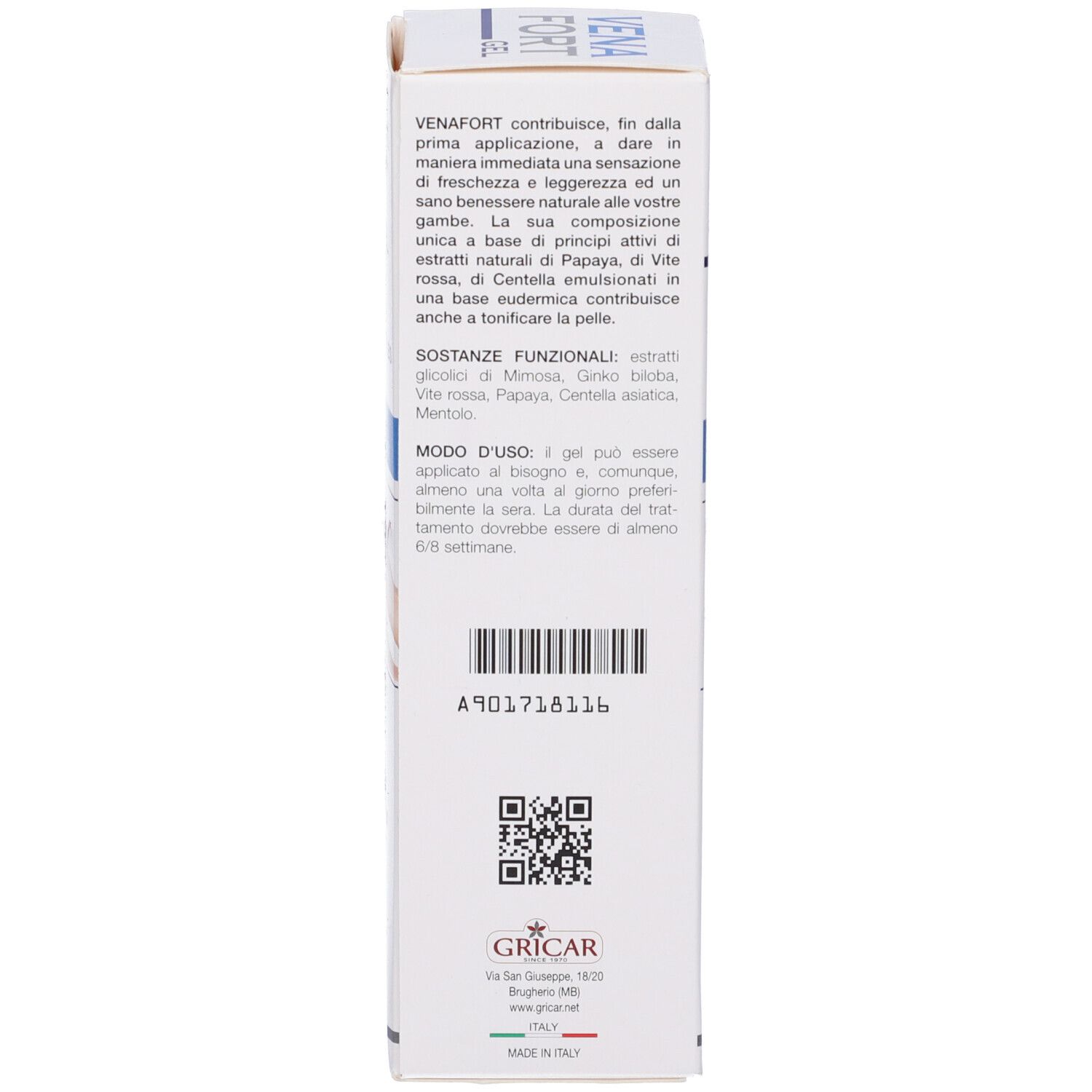 Retro di una scatola bianca. Testo in italiano. Contiene informazioni sugli ingredienti e l'uso.