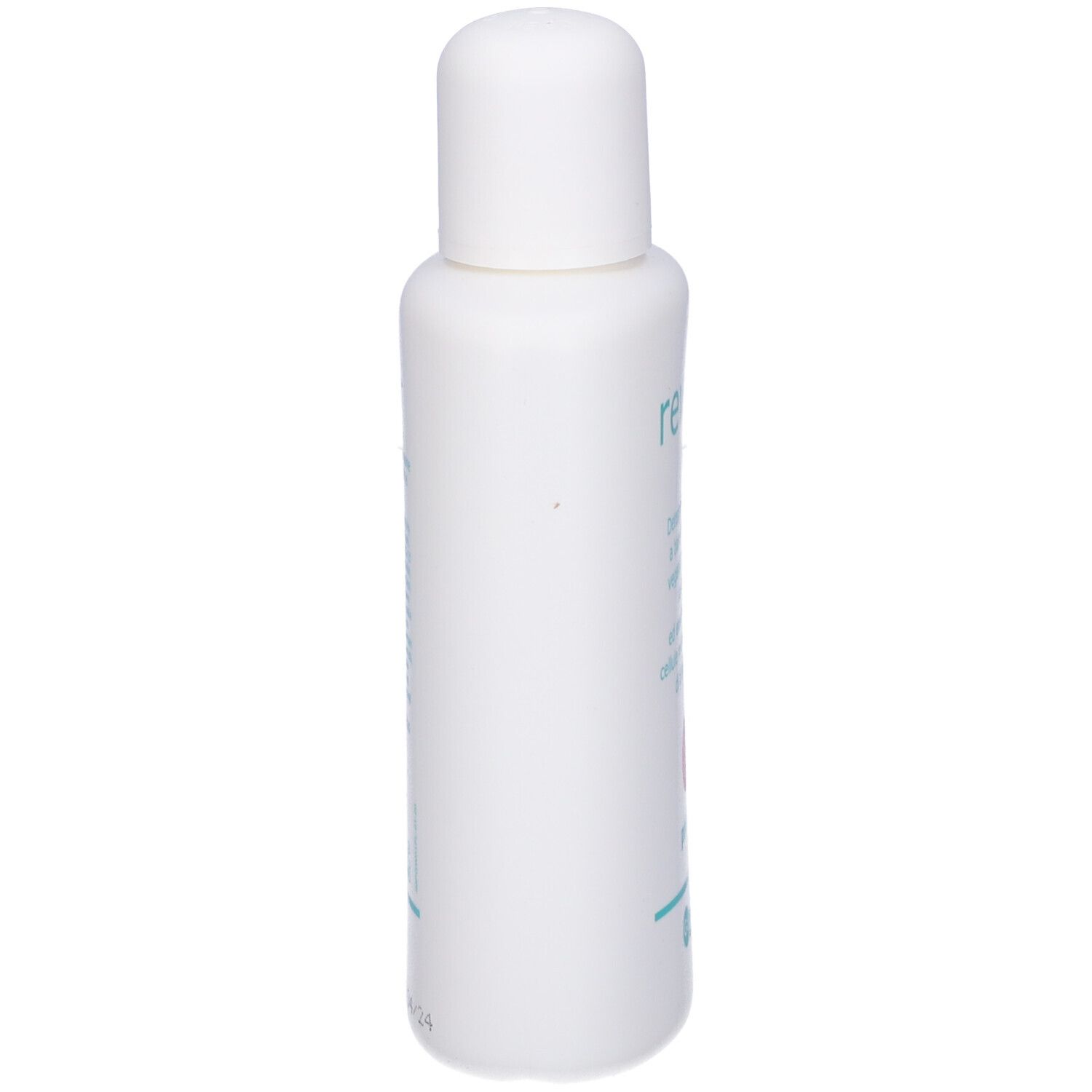 Flacone bianco con tappo bianco. Scritta illeggibile. Flacone in posizione verticale.