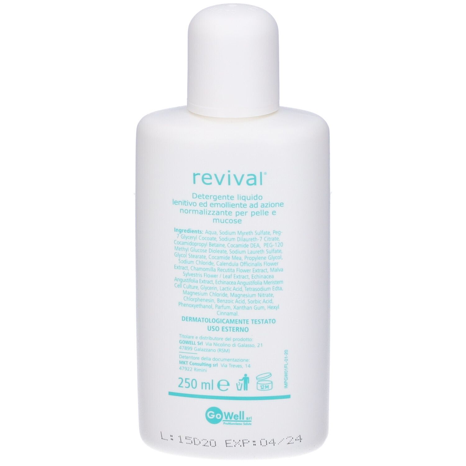Flacone bianco. Scritta: revival, pH 4,5. Testo in italiano. Cerchio rosa. Logo GoWell.