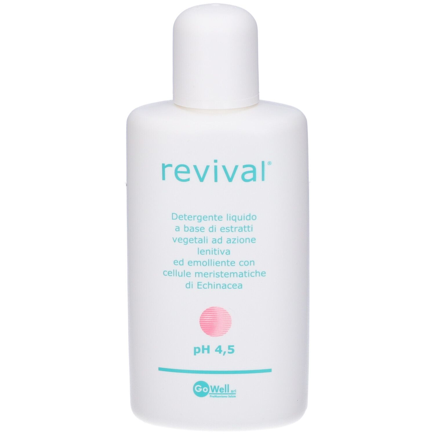 Flacone bianco. Scritta: revival, pH 4,5. Testo in italiano. Cerchio rosa. Logo GoWell.