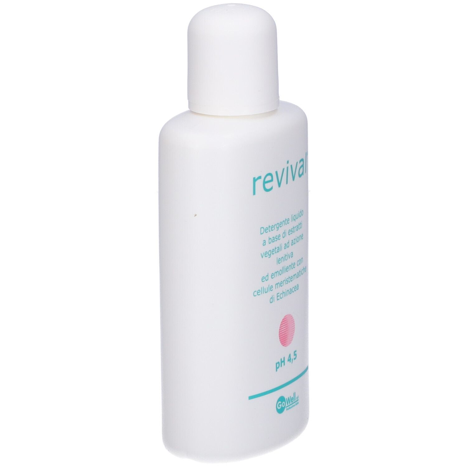 Flacone bianco. Scritta: revival, pH 4,5. Testo in italiano. Cerchio rosa. Logo GoWell.