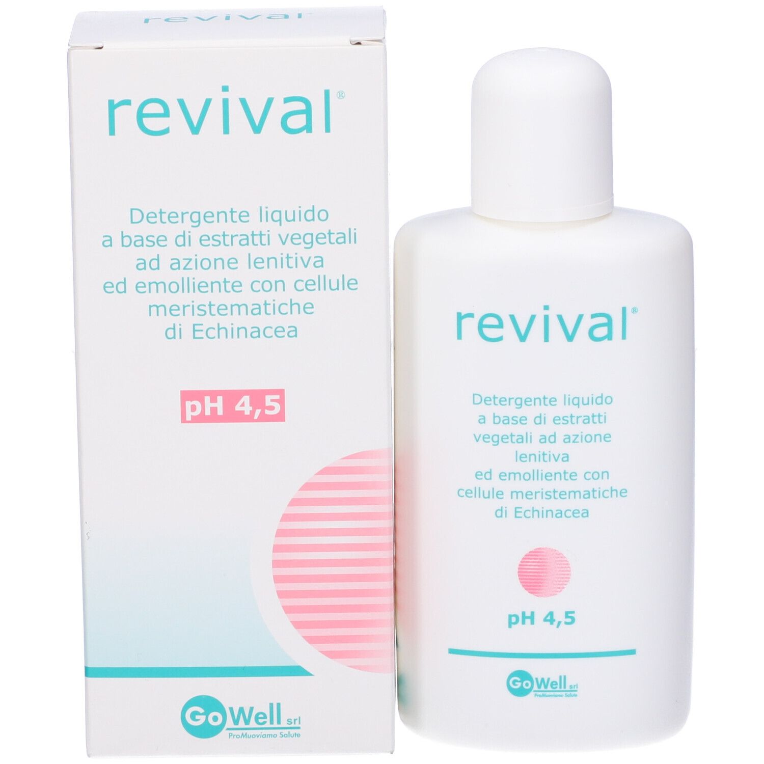 Flacone e scatola bianchi. Scritta: revival, pH 4,5. Testo in italiano. Cerchio rosa. Logo GoWell.