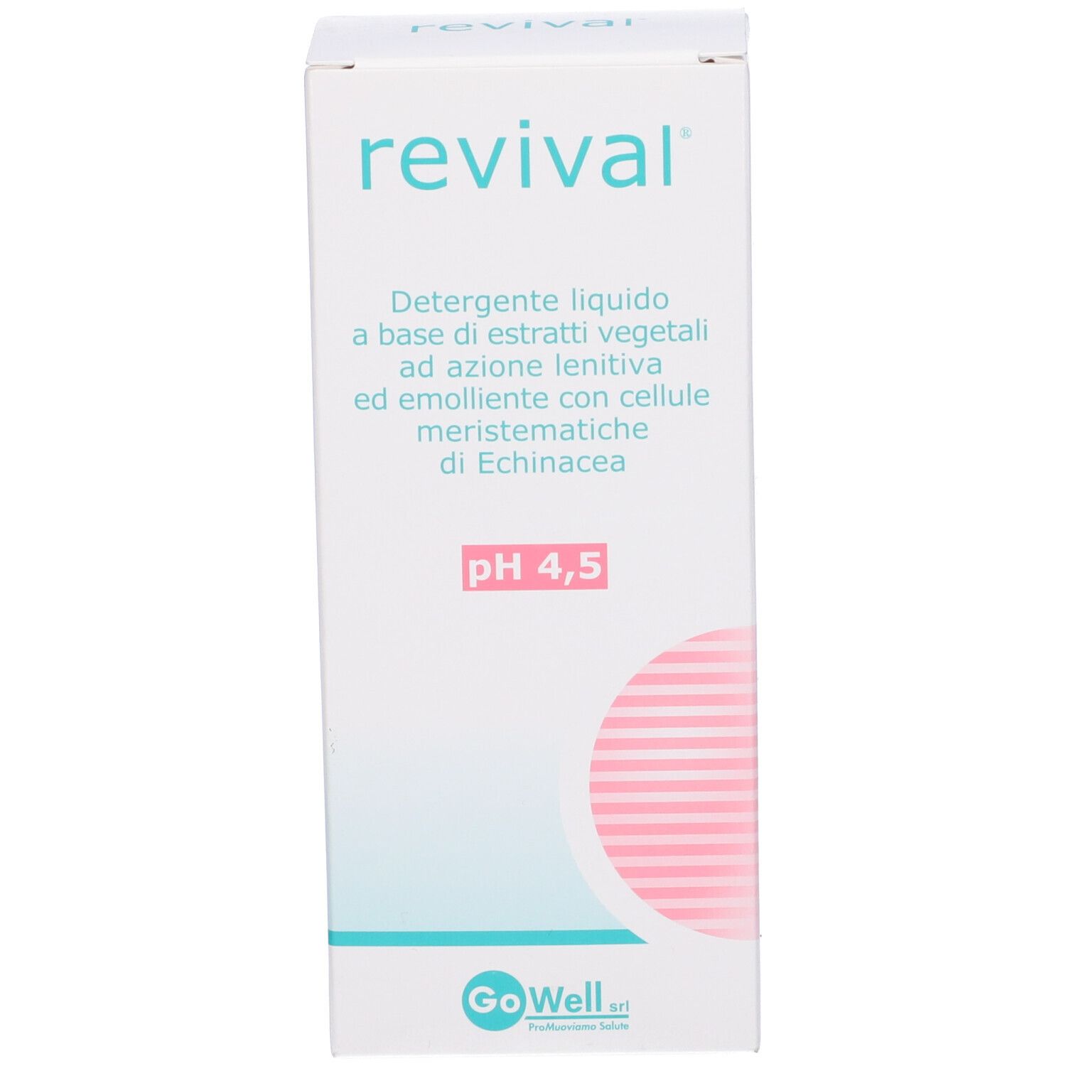 Scatola bianca. Scritta: revival, pH 4,5. Testo in italiano. Cerchio rosa. Logo GoWell.