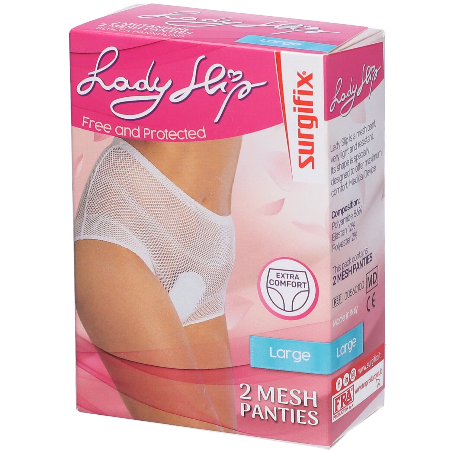 Confezione con mutandine a rete bianche. Scritta: Lady Slip, 2 Mesh Panties, Large. Marchio Surgifix.