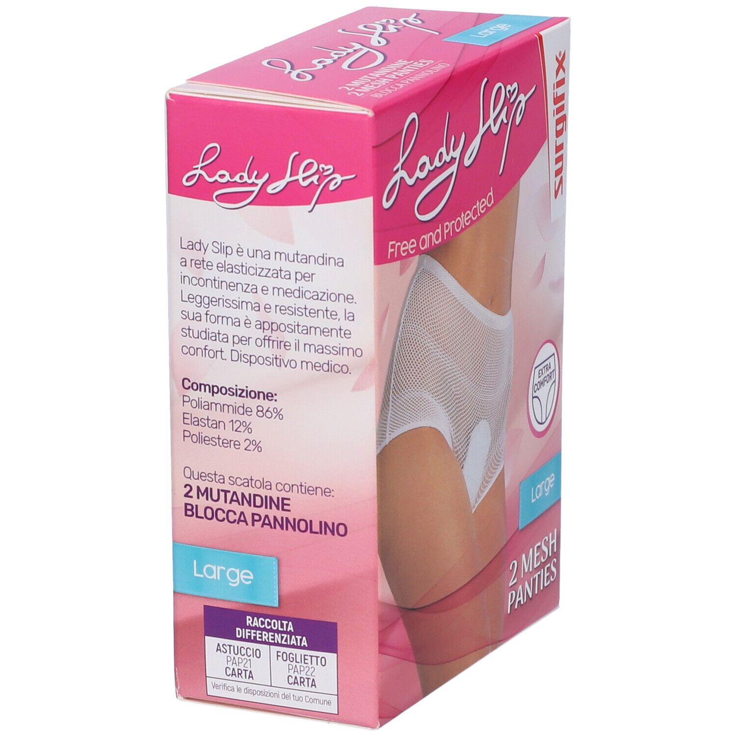 Confezione con mutandine a rete bianche. Scritta: Lady Slip, 2 Mesh Panties, Large. Marchio Surgifix.