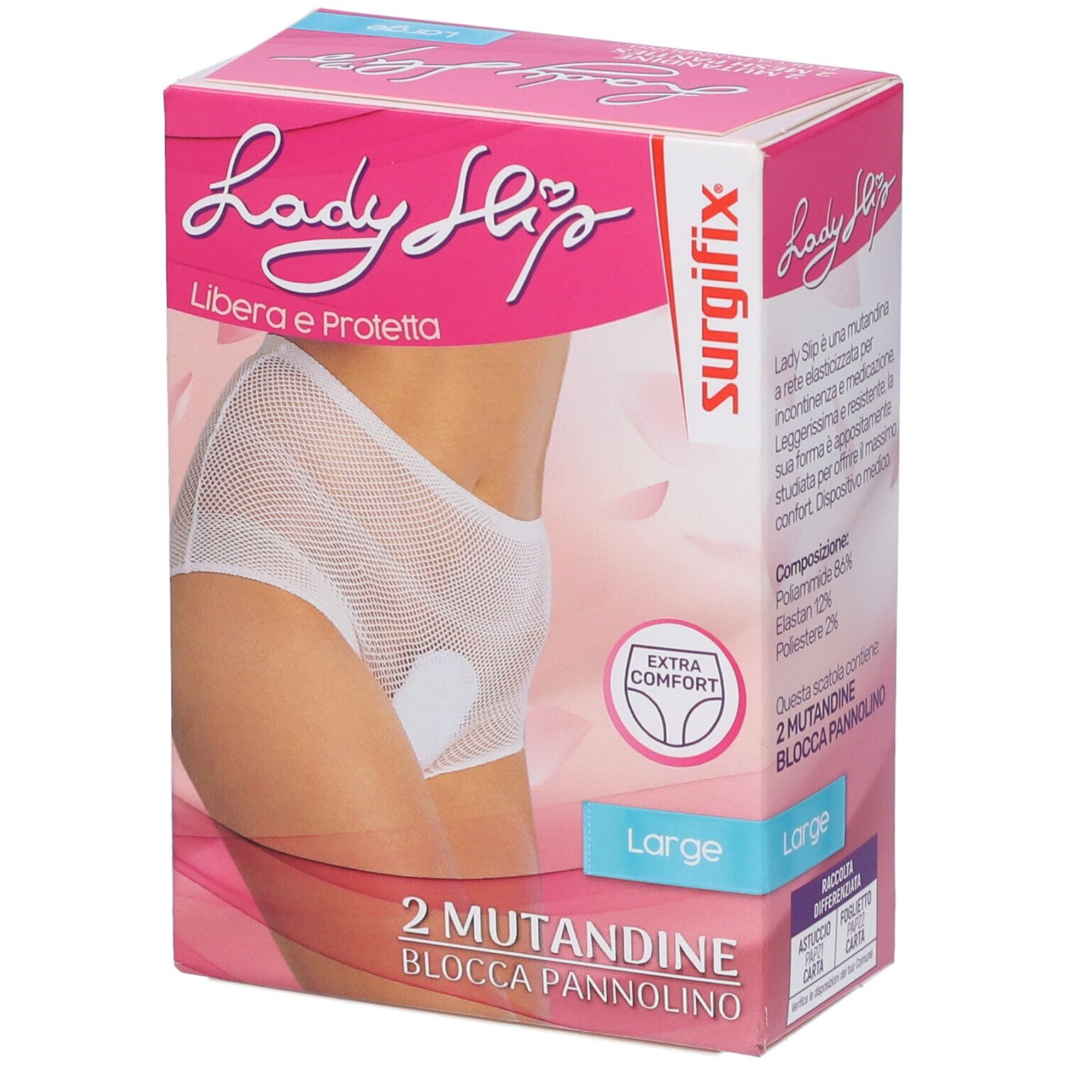 Confezione con mutandine a rete bianche. Scritta: Lady Slip, 2 Mesh Panties, Large. Marchio Surgifix.