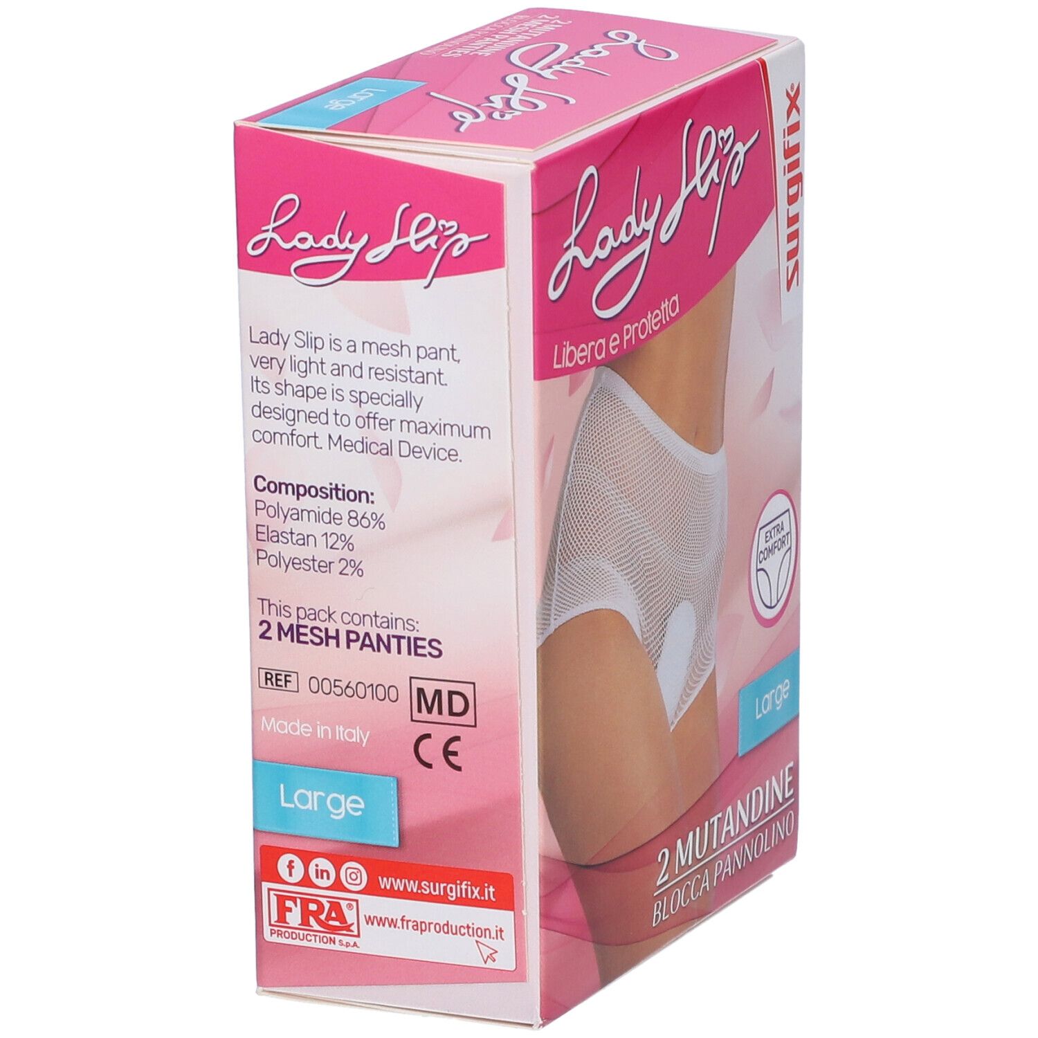 Confezione con mutandine a rete bianche. Scritta: Lady Slip, 2 Mesh Panties, Large. Marchio Surgifix.