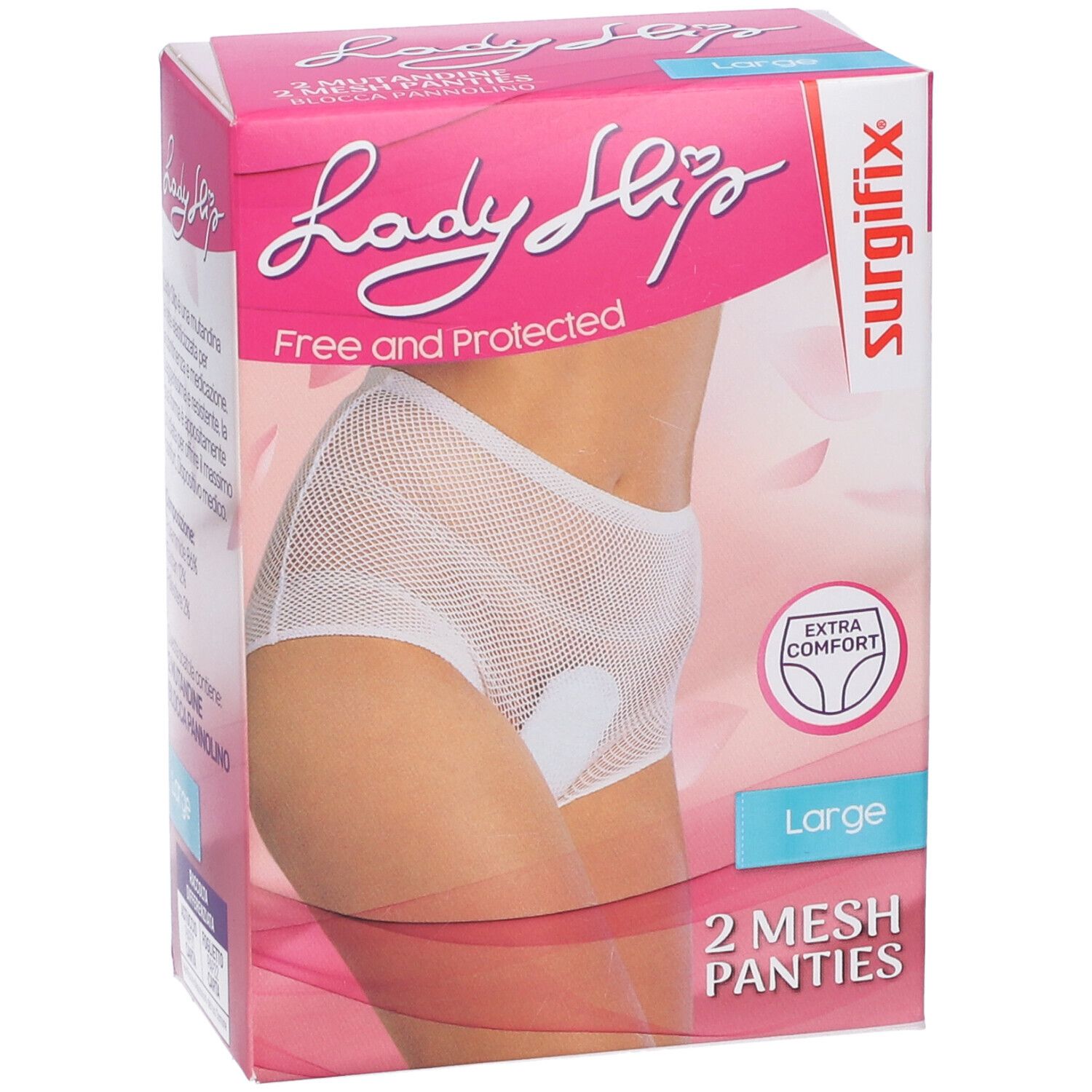 Confezione con mutandine a rete bianche. Scritta: Lady Slip, 2 Mesh Panties, Large. Marchio Surgifix.