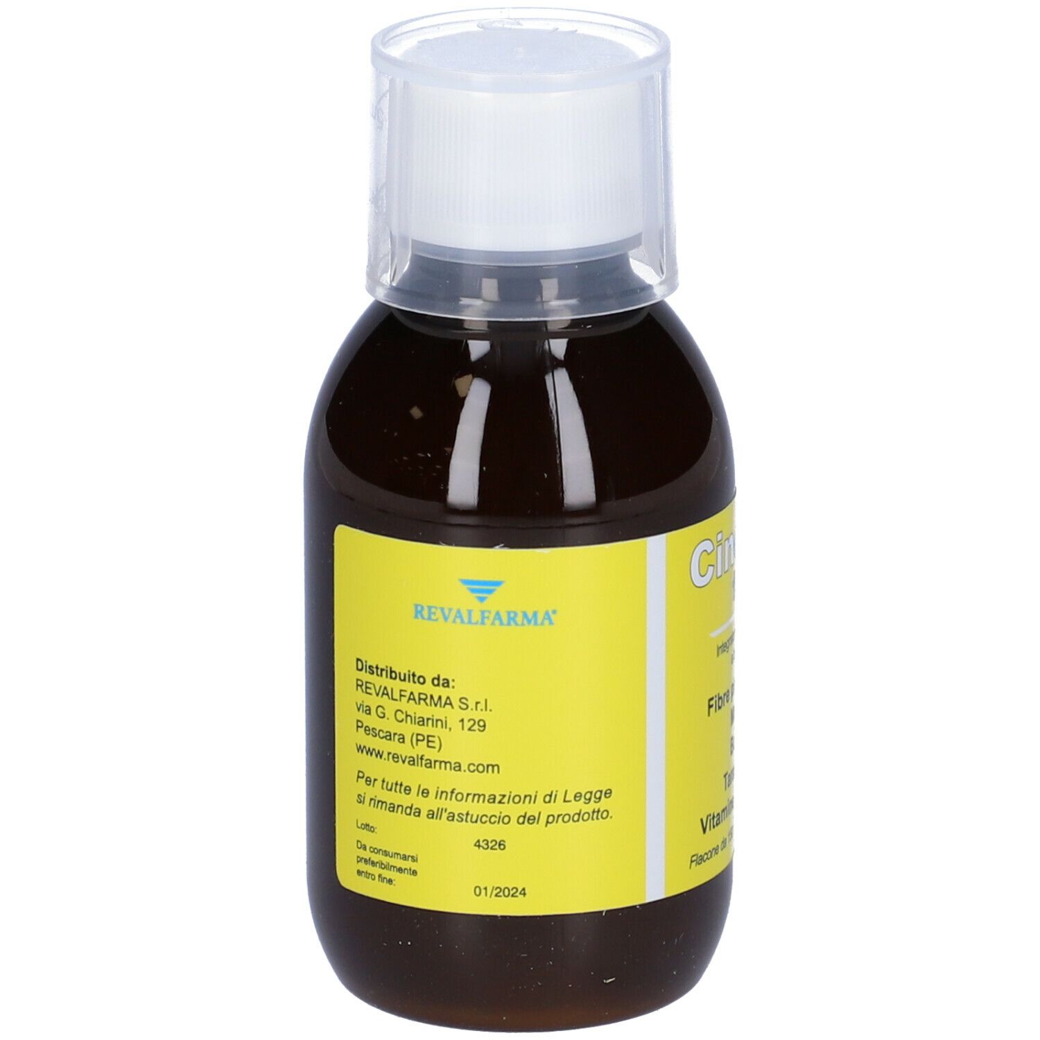 Liquido marrone in bottiglia con tappo bianco. Etichetta con informazioni sul prodotto e indirizzo del produttore. Cinereg forte.