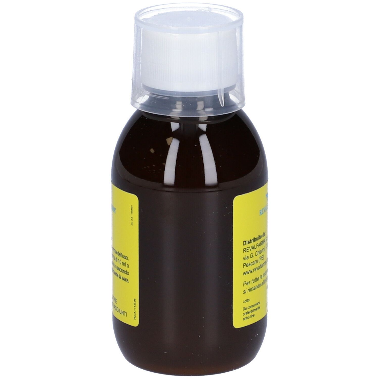 Liquido marrone in bottiglia con tappo bianco. Etichetta con informazioni sul prodotto e indirizzo del produttore. Cinereg forte.