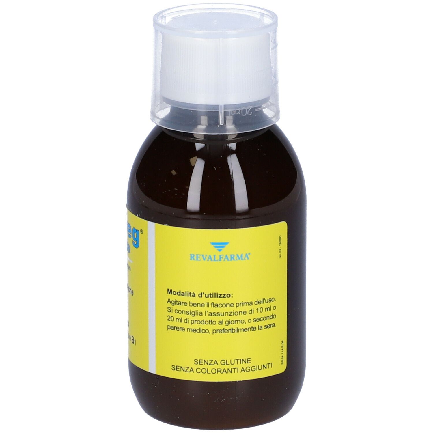 Liquido marrone in bottiglia con tappo bianco. Etichetta con istruzioni per l'uso. Cinereg forte.