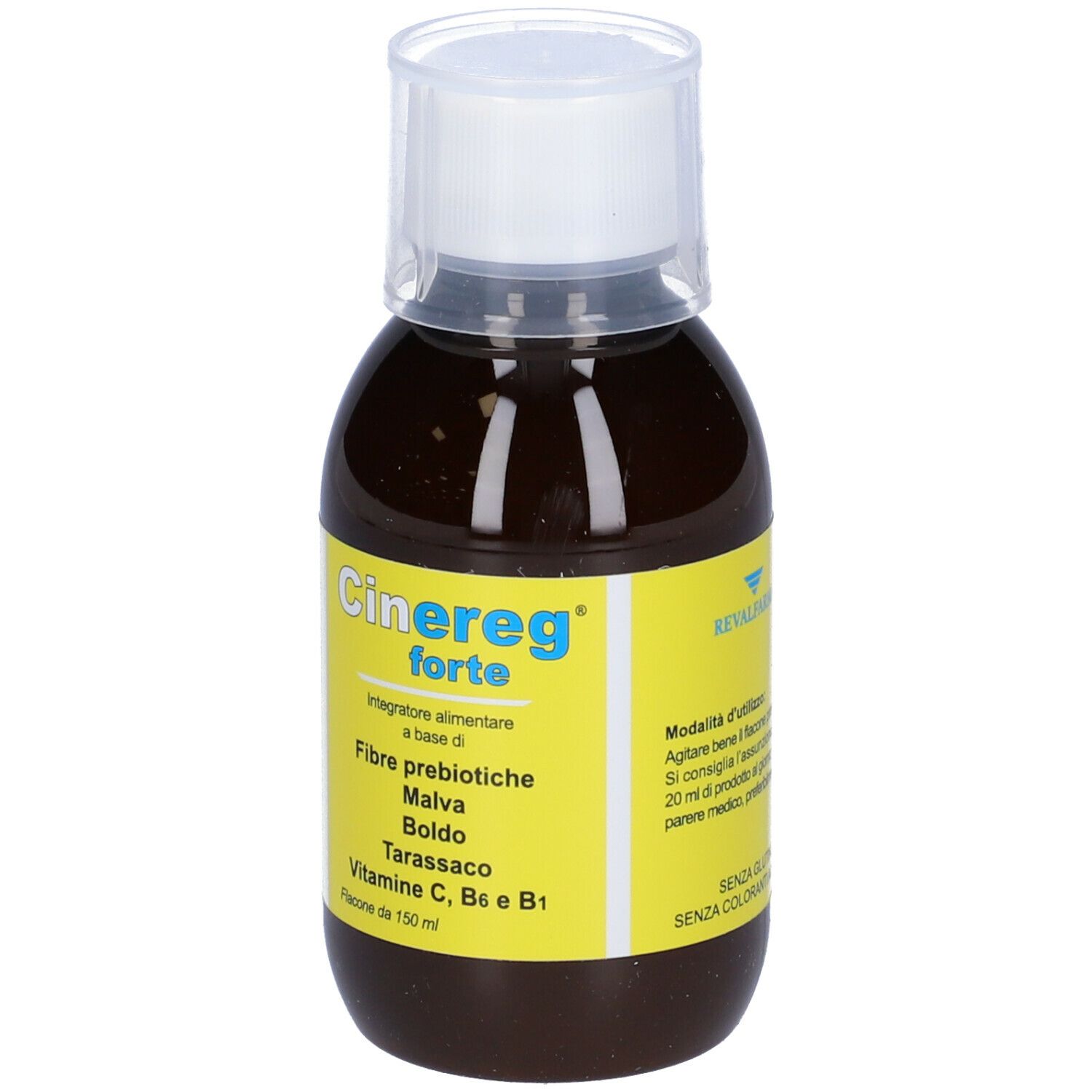 Liquido marrone in bottiglia con tappo bianco. Etichetta con nome del prodotto e ingredienti. Cinereg forte.