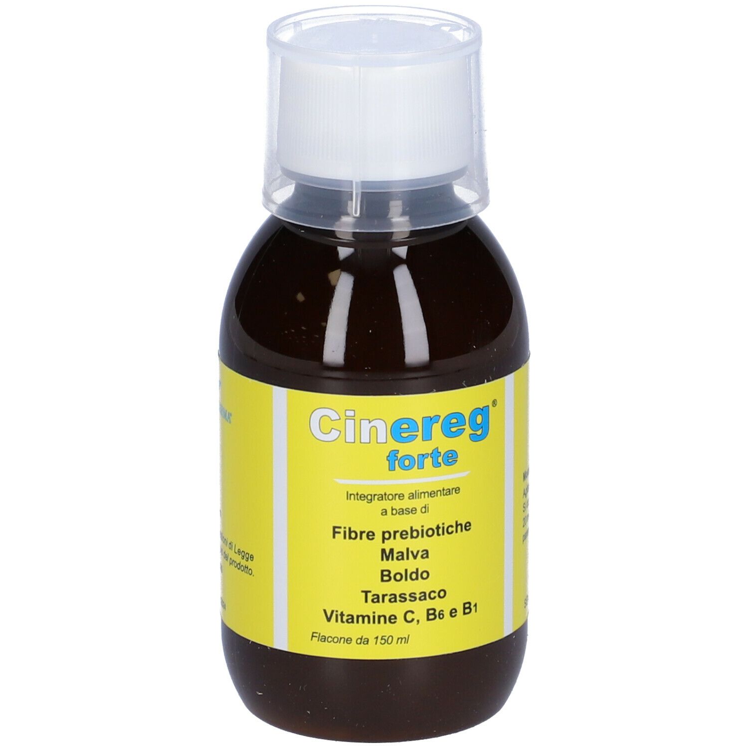 Liquido marrone in bottiglia con tappo bianco. Etichetta con nome del prodotto e ingredienti. Cinereg forte.