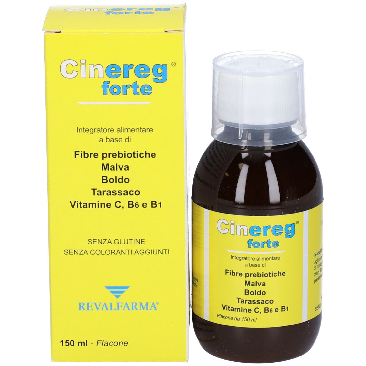 Confezione del prodotto: bottiglia e scatola. Sulla scatola, il nome del prodotto e gli ingredienti. Cinereg forte.