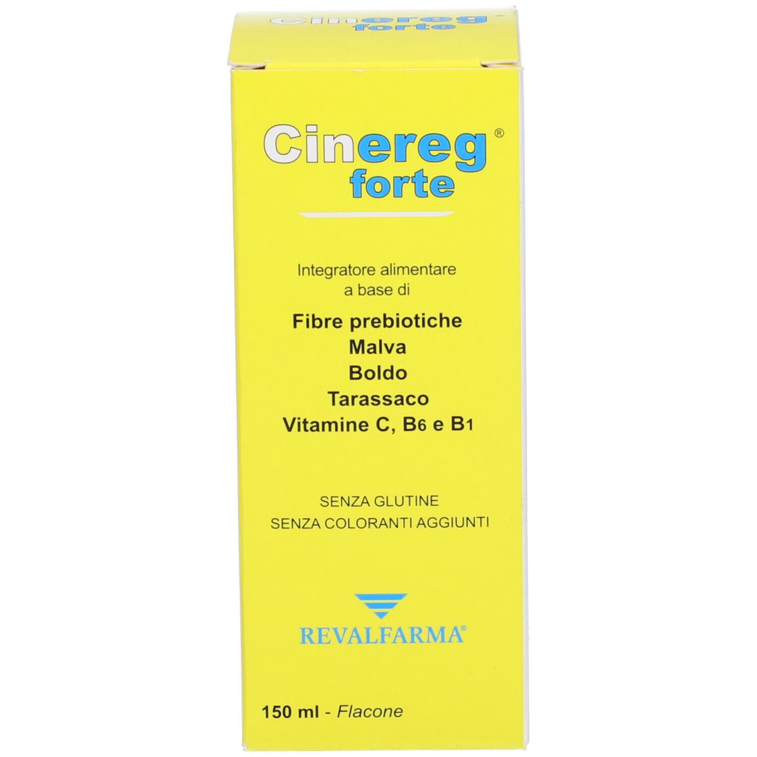 Scatola gialla con nome del prodotto e ingredienti. Testo: Cinereg forte, senza glutine, senza coloranti aggiunti.