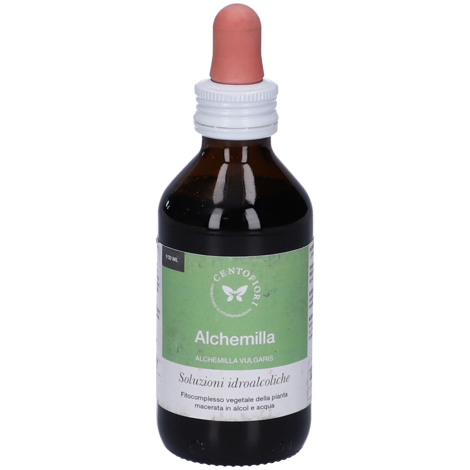 Flacone di vetro marrone con contagocce. Etichetta con 'Alchemilla' e 'Soluzioni idroalcoliche'.