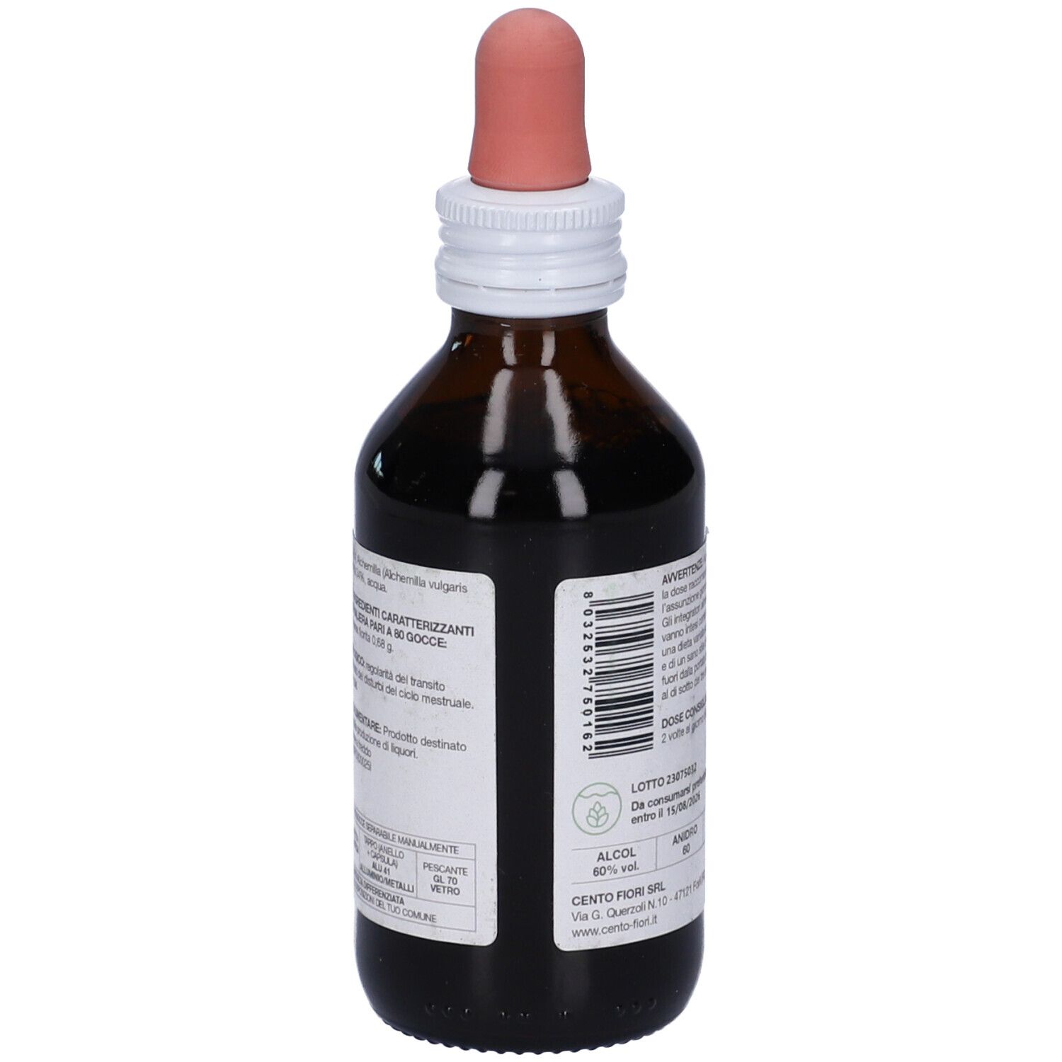 Flacone di vetro marrone con contagocce. Etichetta con informazioni sugli ingredienti e la gradazione alcolica.