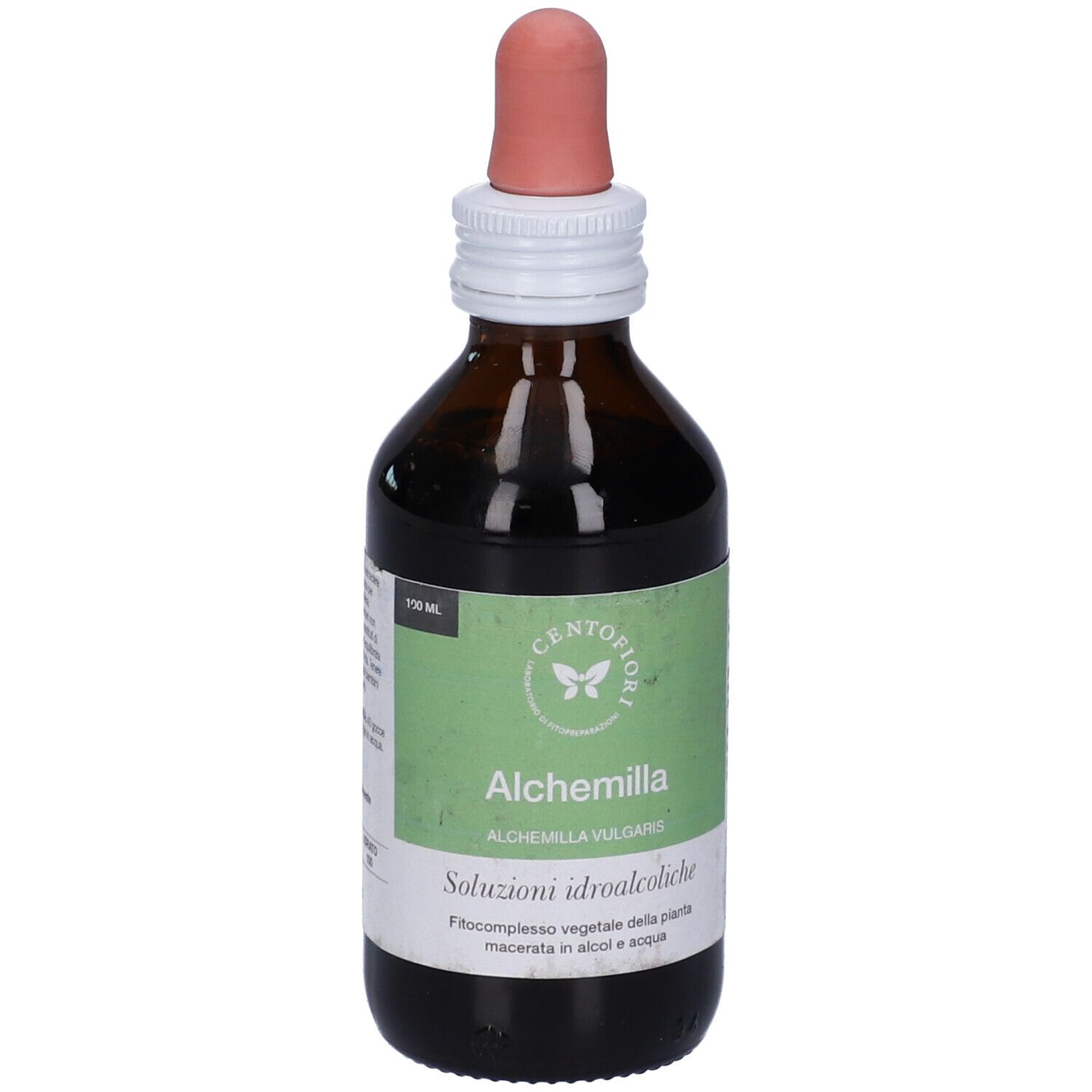 Flacone di vetro marrone con contagocce. Etichetta con 'Alchemilla' e 'Soluzioni idroalcoliche'.