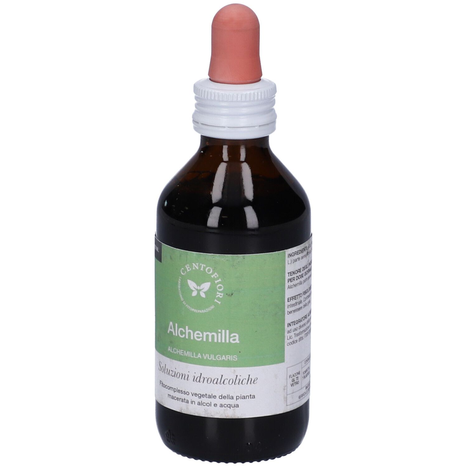 Flacone di vetro marrone con contagocce. Etichetta con 'Alchemilla' e 'Soluzioni idroalcoliche'.