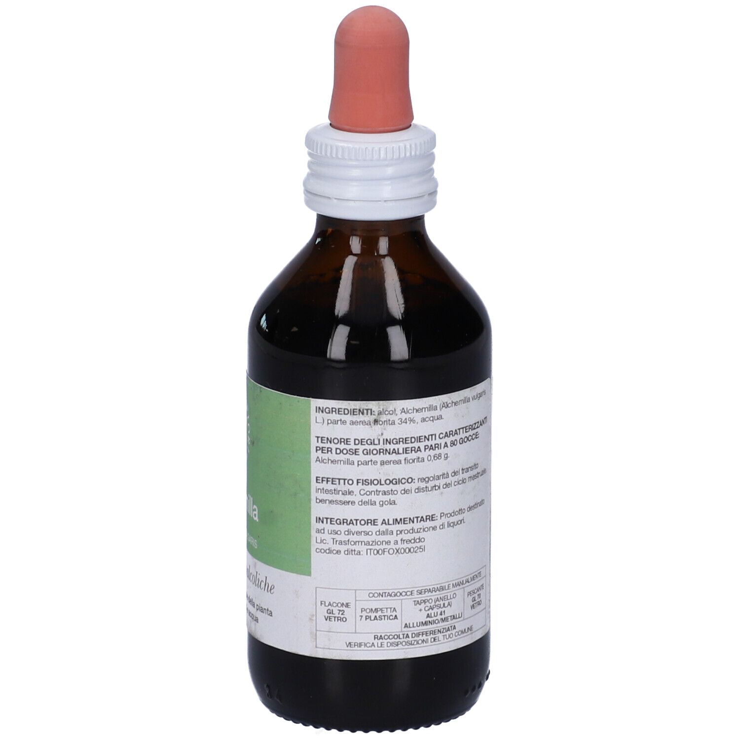 Flacone di vetro marrone con contagocce. Etichetta con ingredienti e altre informazioni.