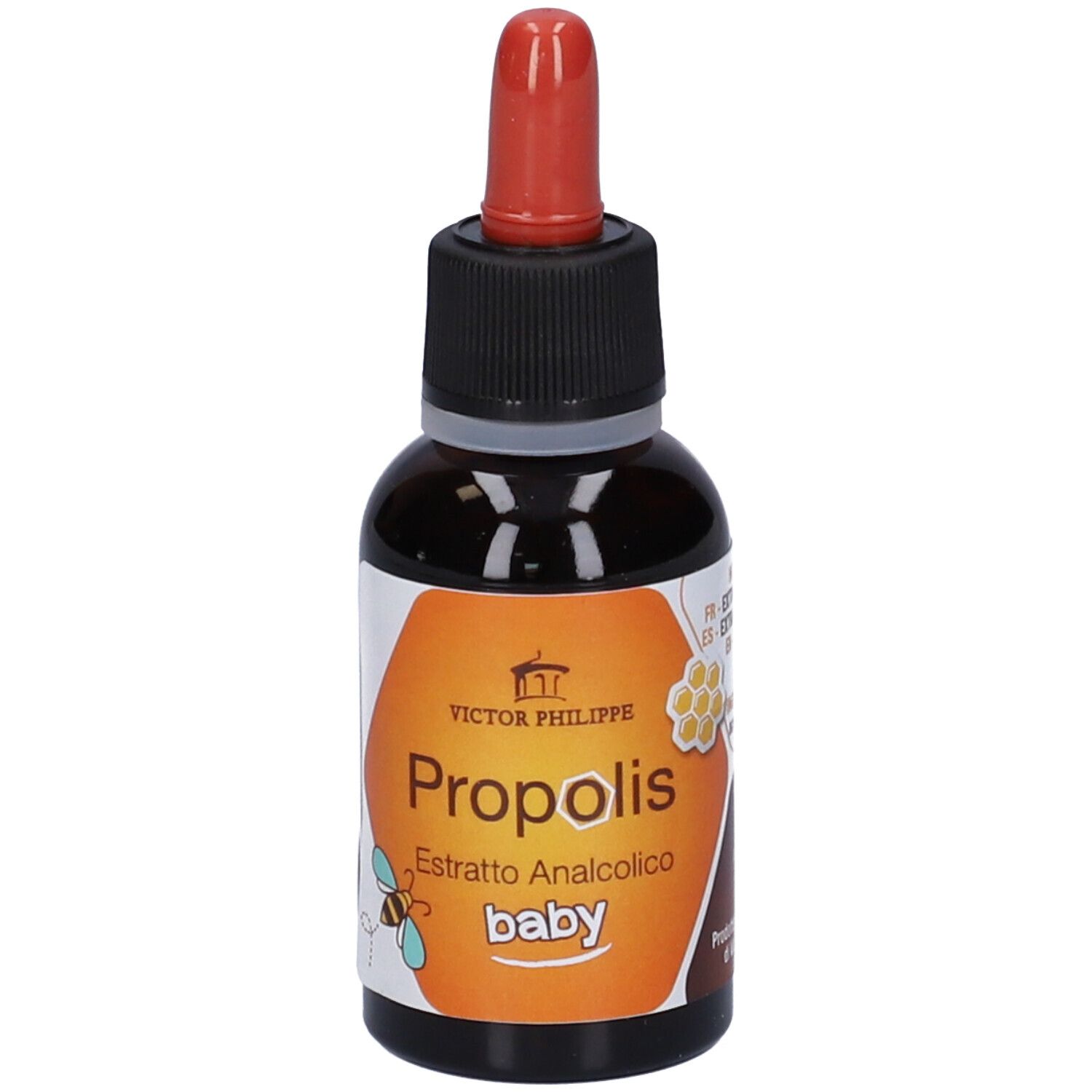 Flacone di vetro marrone con contagocce rosso. Scritta: Propolis Estratto Analcolico baby. Marchio: Victor Philippe. Design a nido d'ape.