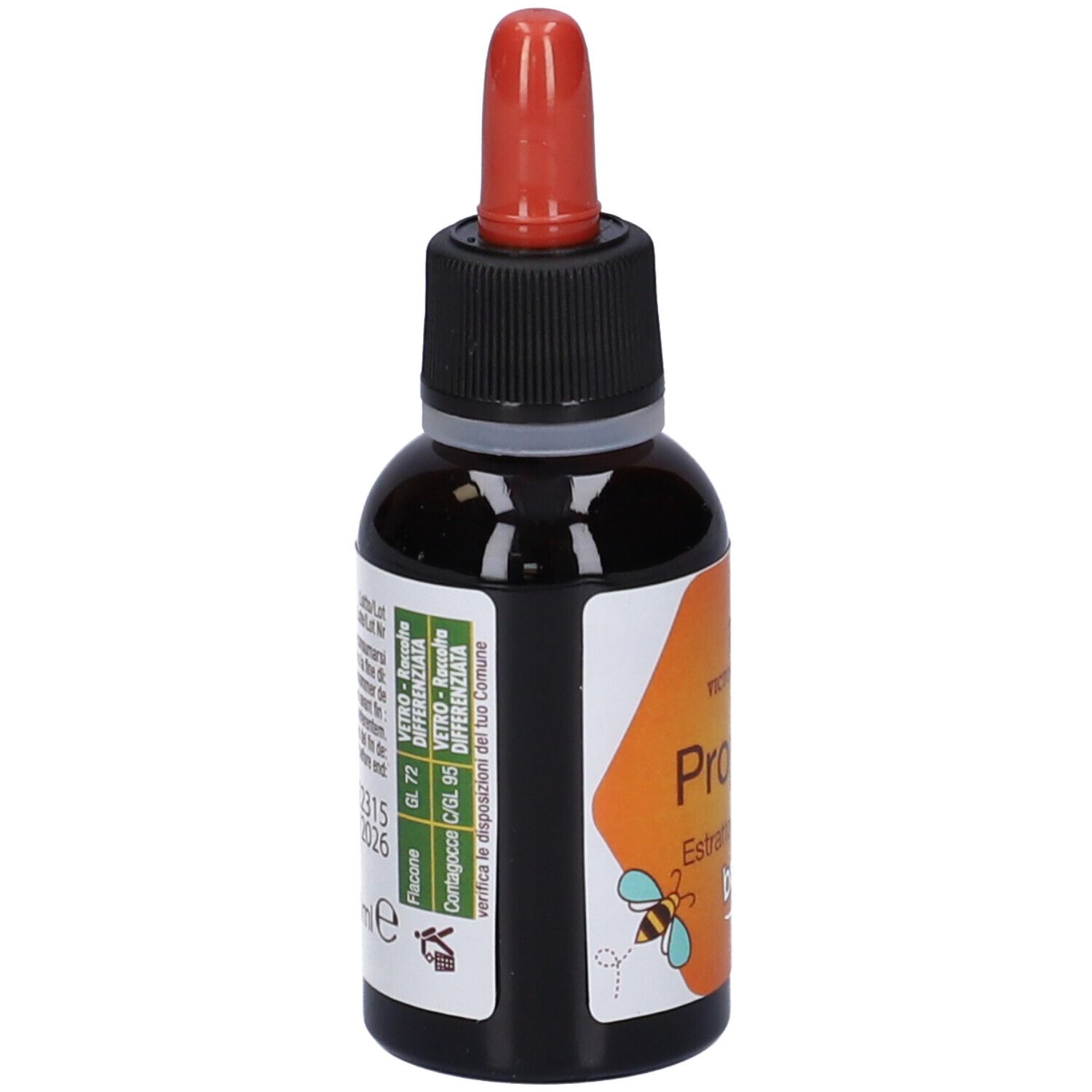 Flacone di vetro marrone con contagocce rosso. Scritta: Propolis Estratto Analcolico baby. Marchio: Victor Philippe. Retro con testo.
