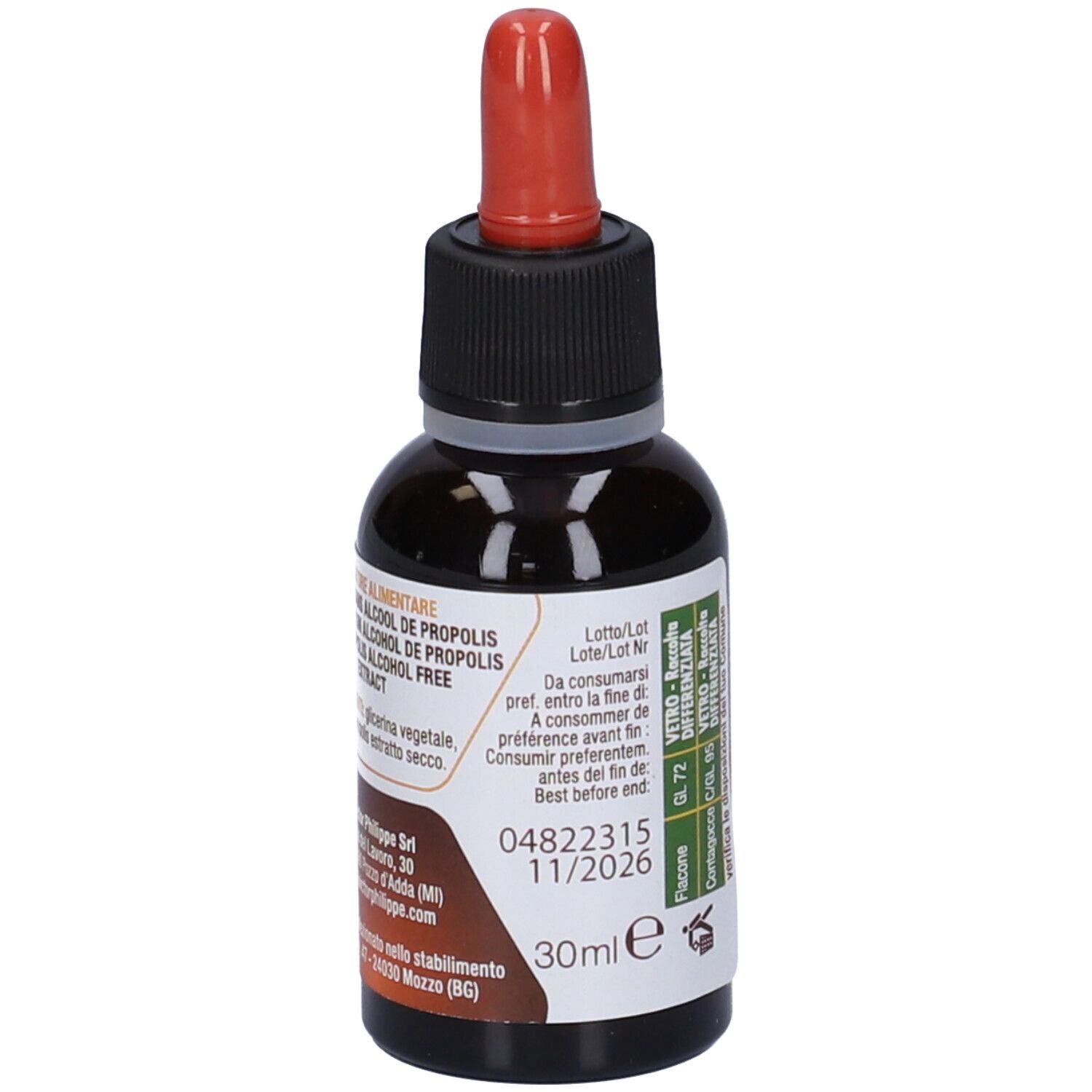 Flacone di vetro marrone con contagocce rosso. Scritta: Propolis Estratto Analcolico baby. Marchio: Victor Philippe. Retro con testo.