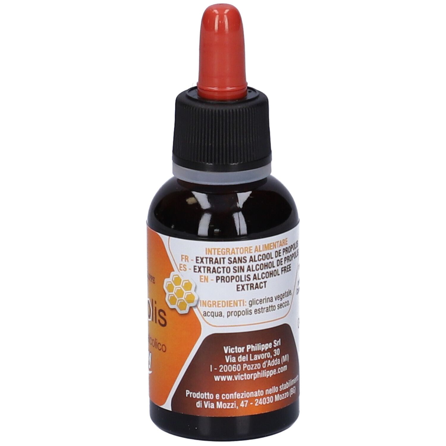 Flacone di vetro marrone con contagocce rosso. Scritta: Propolis Estratto Analcolico baby. Marchio: Victor Philippe. Retro con testo.