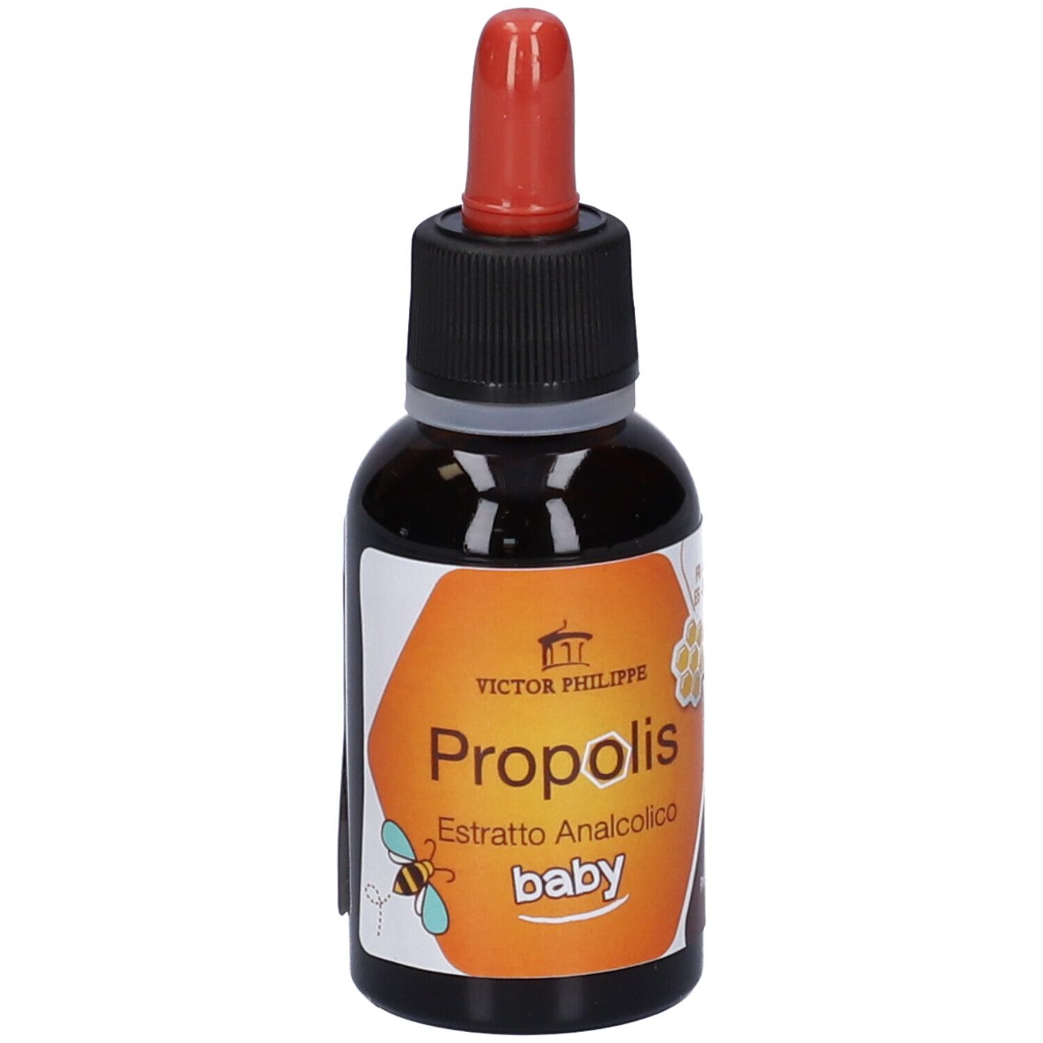 Flacone di vetro marrone con contagocce rosso. Scritta: Propolis Estratto Analcolico baby. Marchio: Victor Philippe. Fronte.