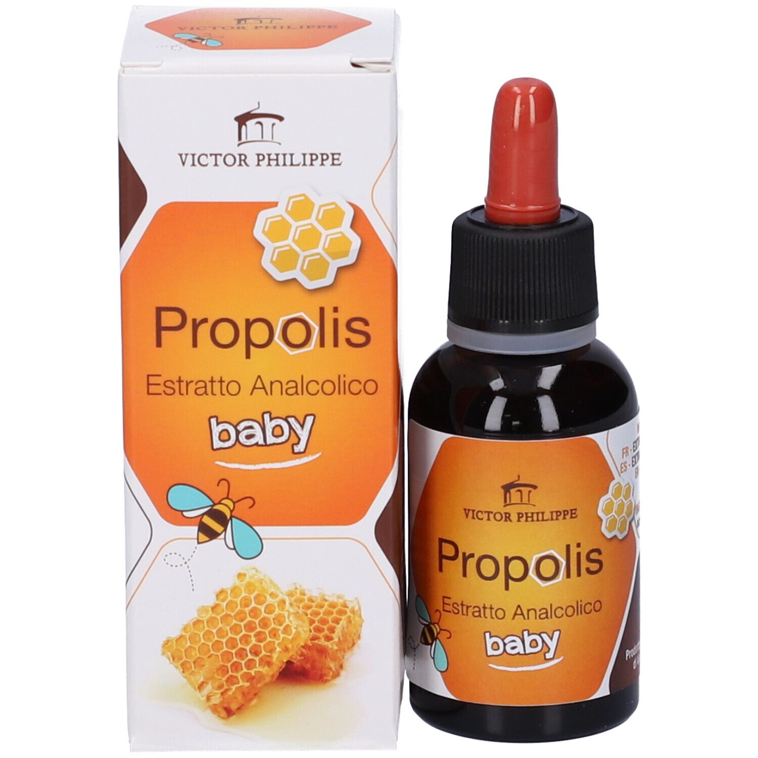 Flacone di vetro marrone con contagocce rosso e confezione. Scritta: Propolis Estratto Analcolico baby. Marchio: Victor Philippe.