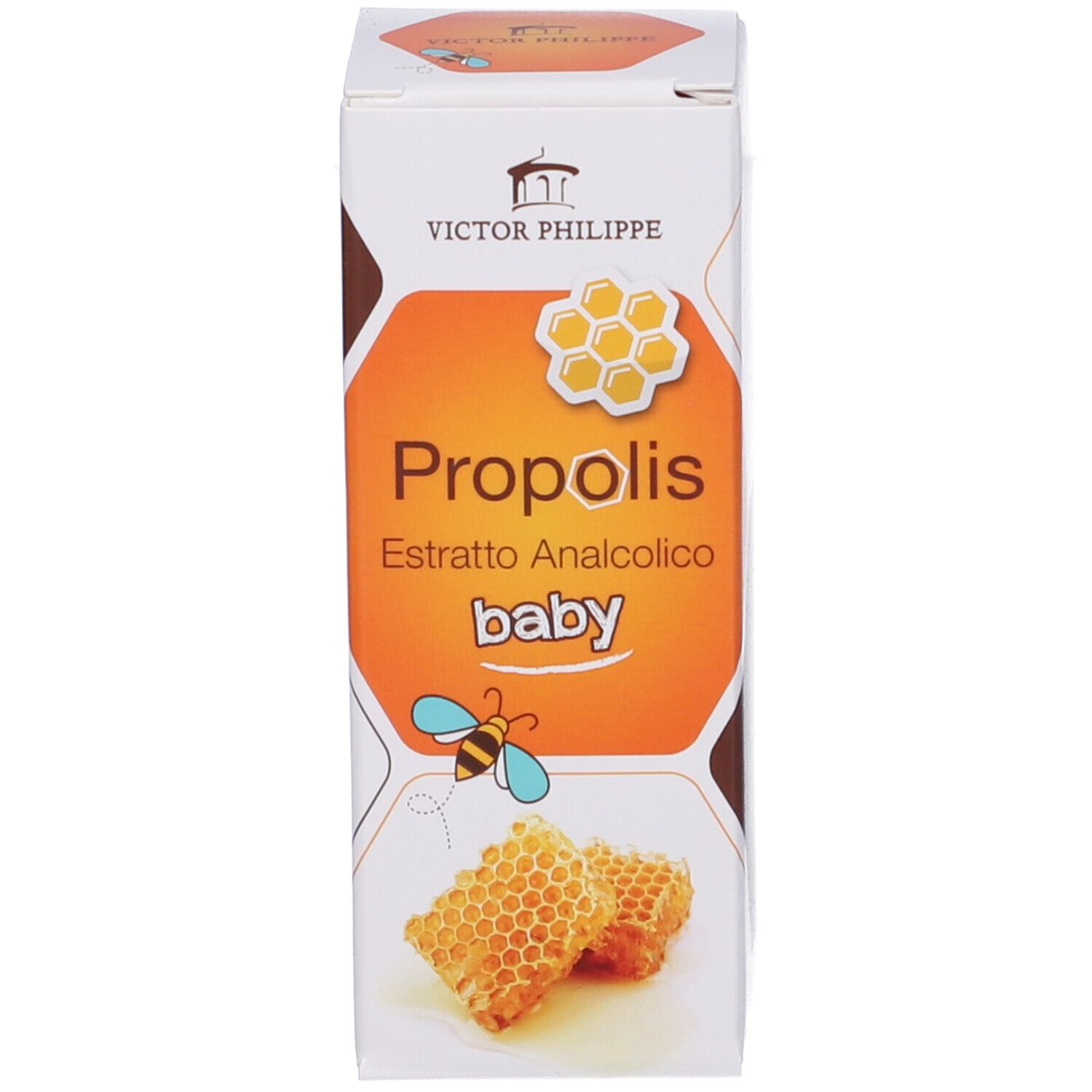 Confezione con scritta: Propolis Estratto Analcolico baby. Marchio: Victor Philippe. Design a nido d'ape.