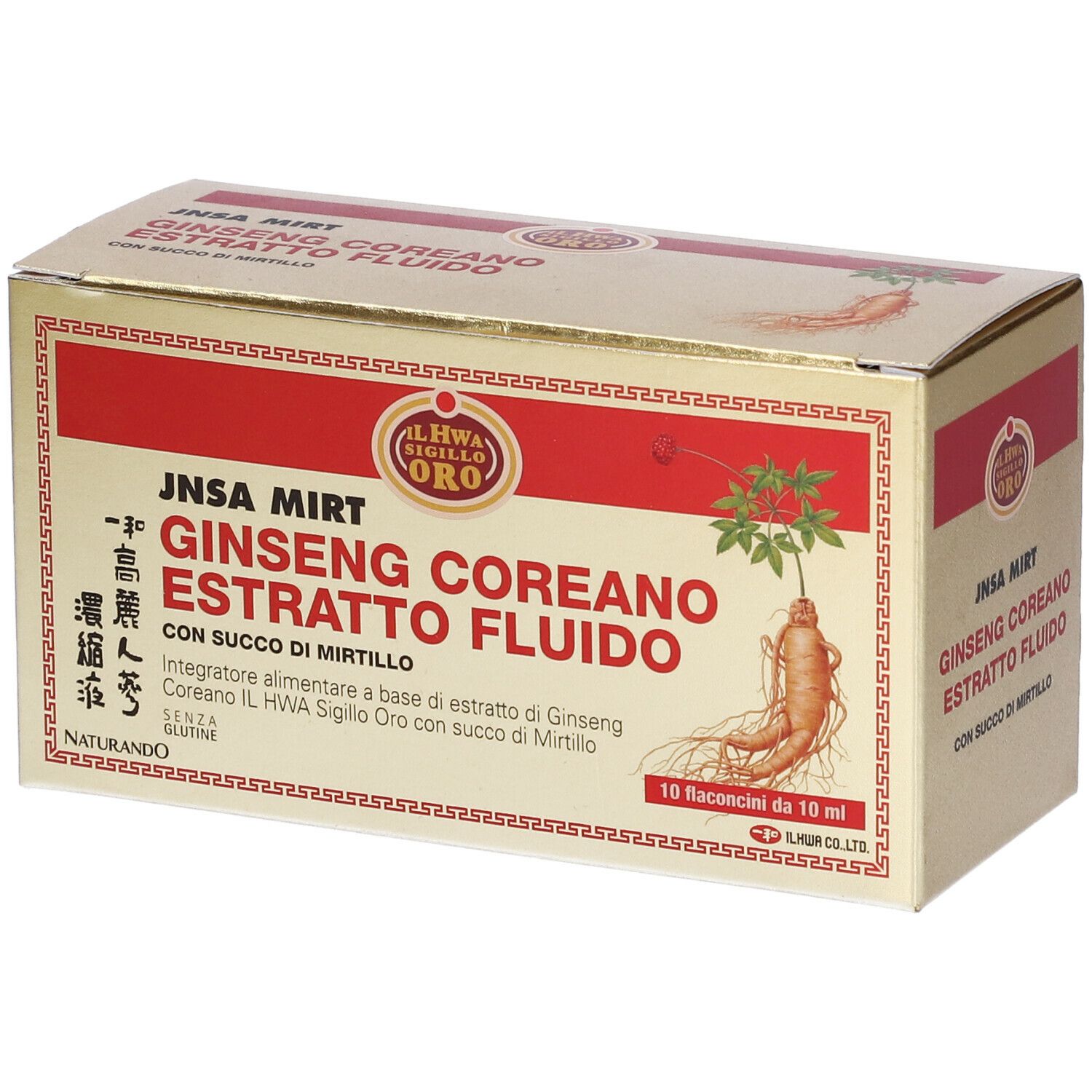 Scatola dorata con fascia rossa. Scritto: Jnsa Mirt Ginseng Coreano Estratto Fluido. 10 fiale.
