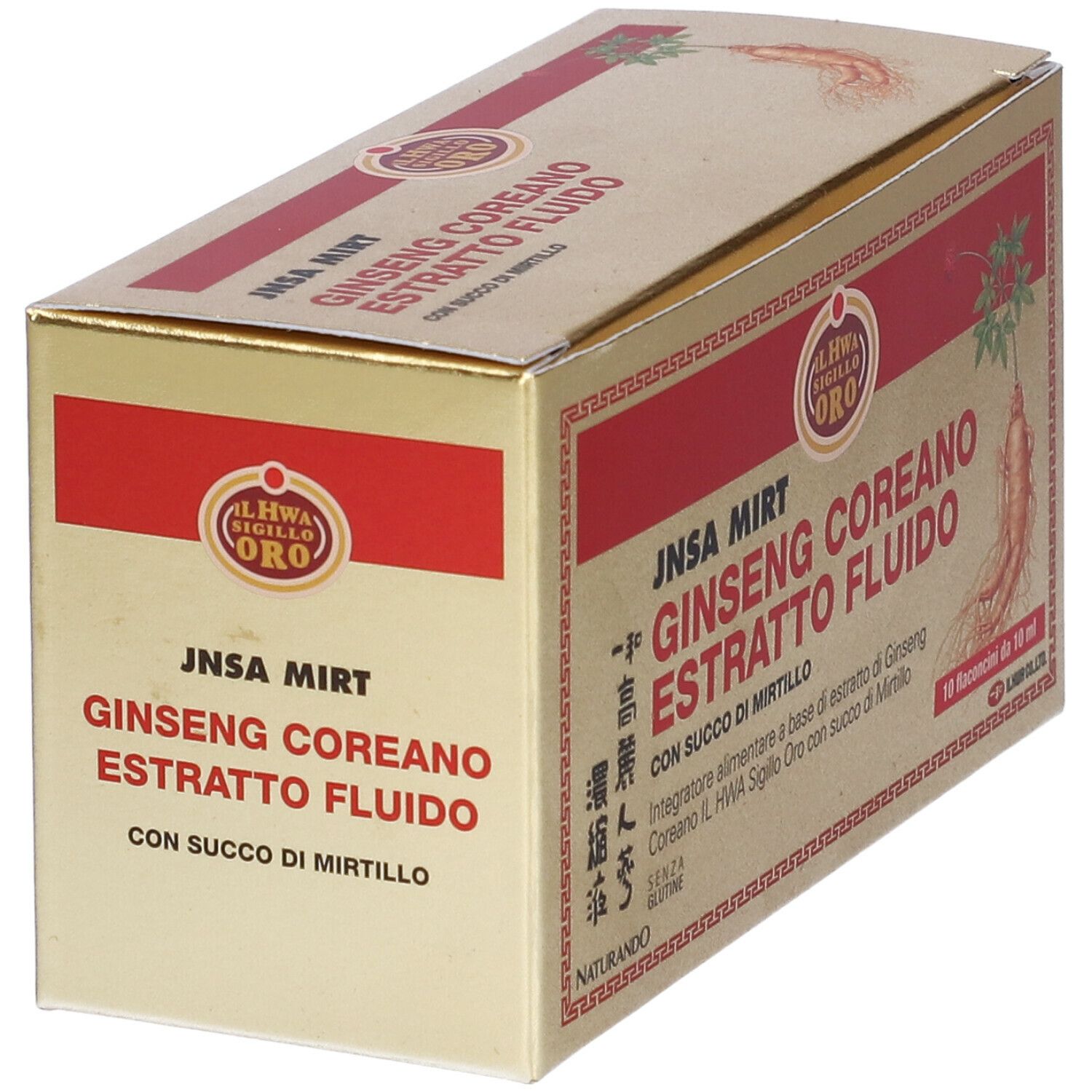Scatola dorata con fascia rossa. Scritto: Jnsa Mirt Ginseng Coreano Estratto Fluido. 10 fiale.