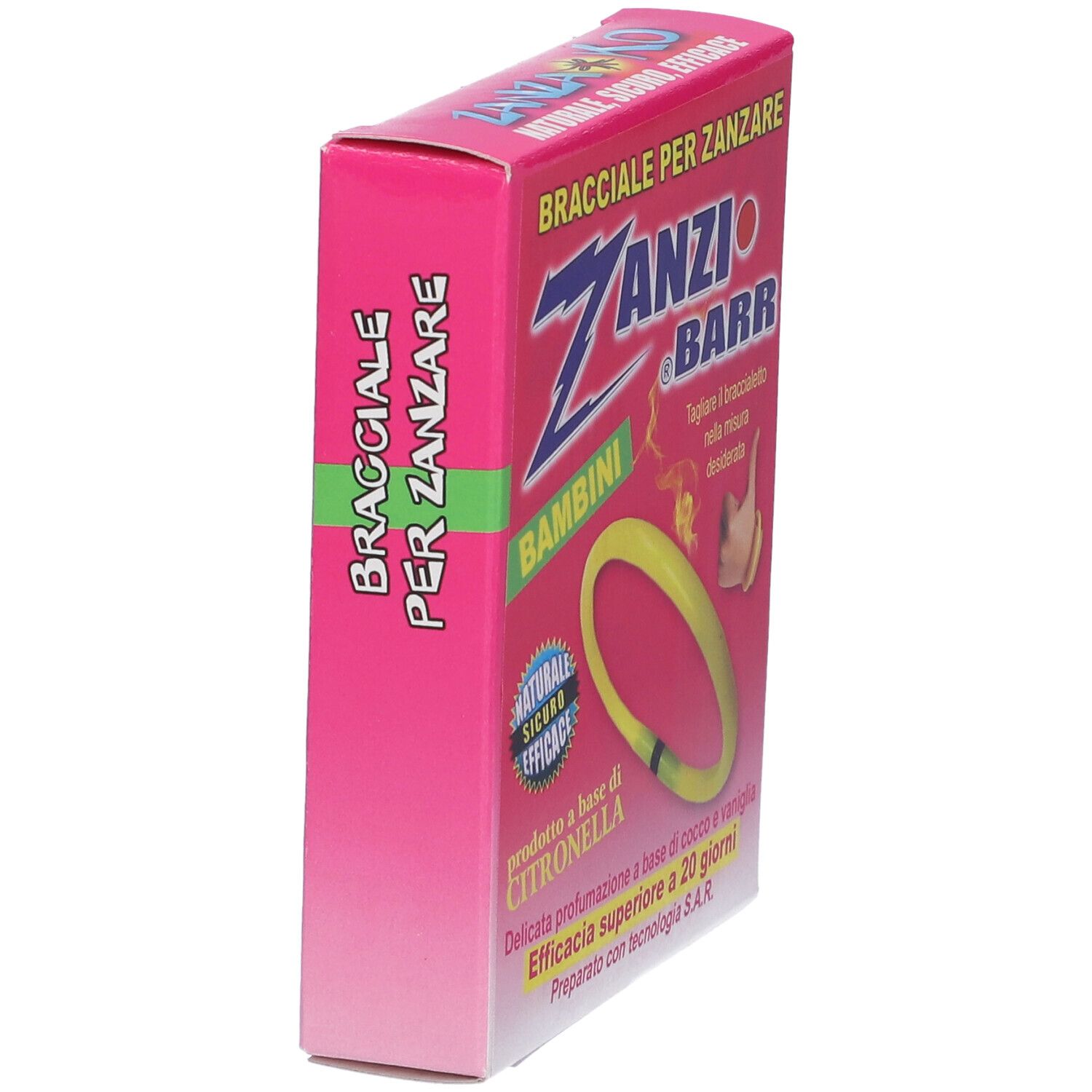 Scatola rosa con braccialetto giallo. Scritto: Zanzi Barr, Bambini. Prodotto a base di citronella.