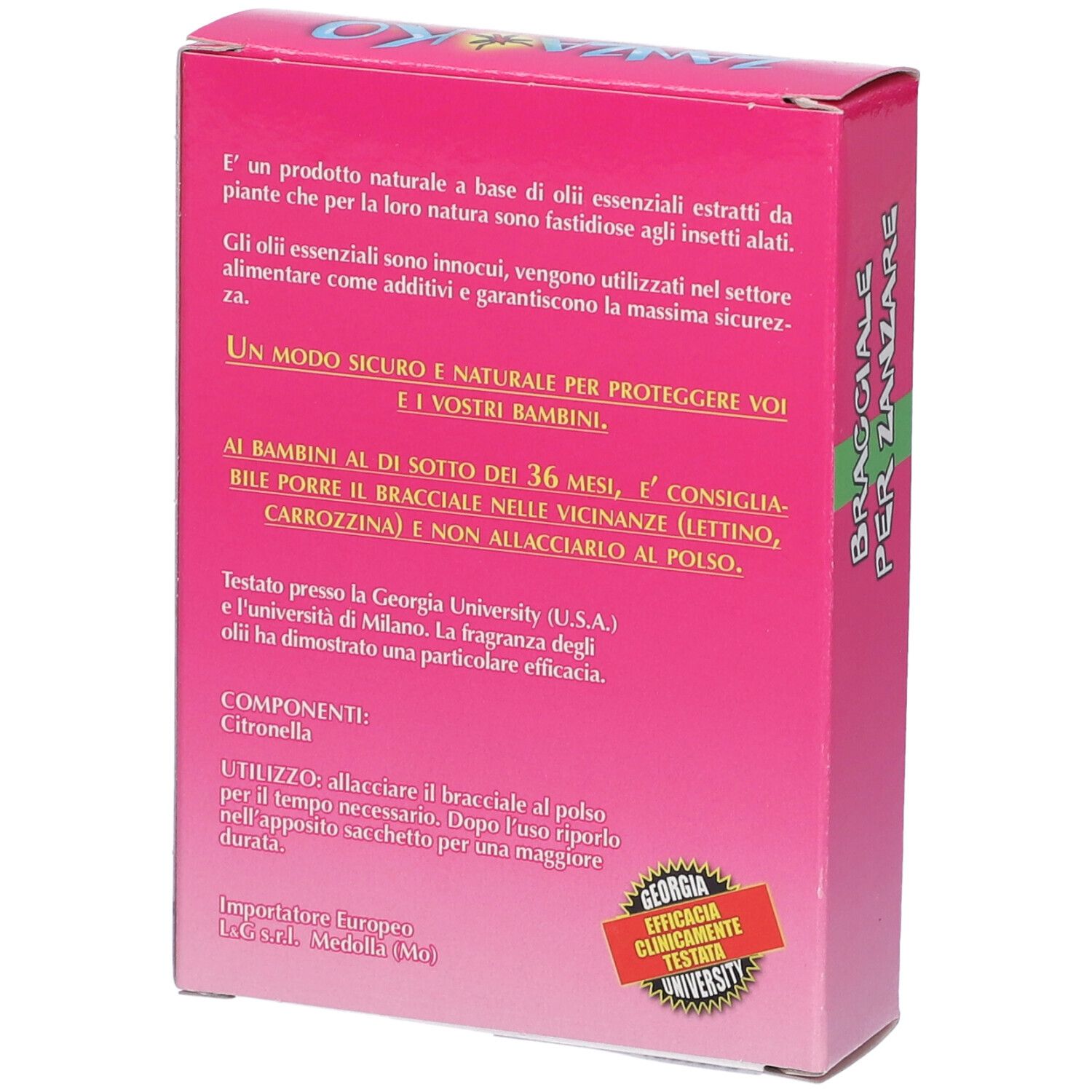 Scatola rosa, retro. Testo su ingredienti e uso. Testato dalla Georgia University.