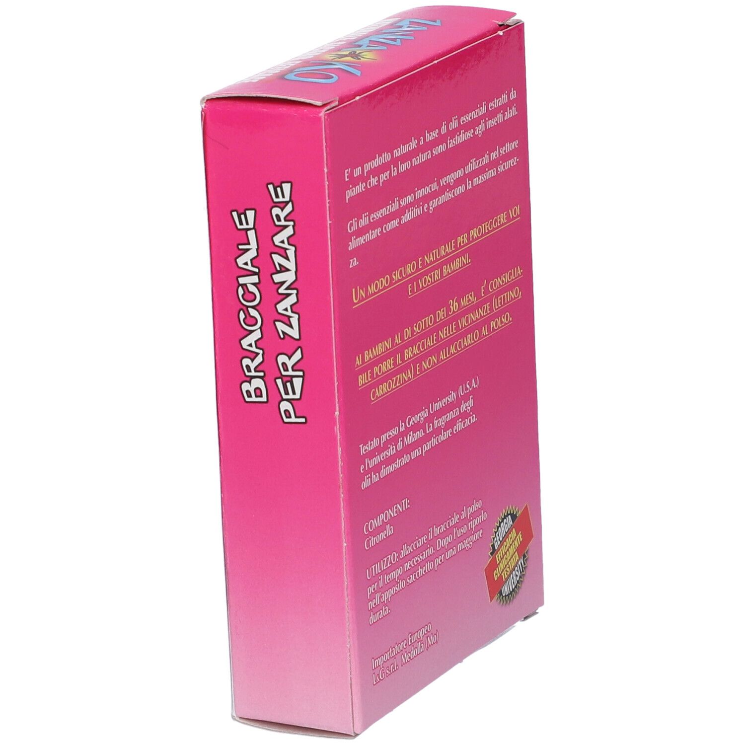 Scatola rosa, retro. Testo su ingredienti e uso. Testato dalla Georgia University.