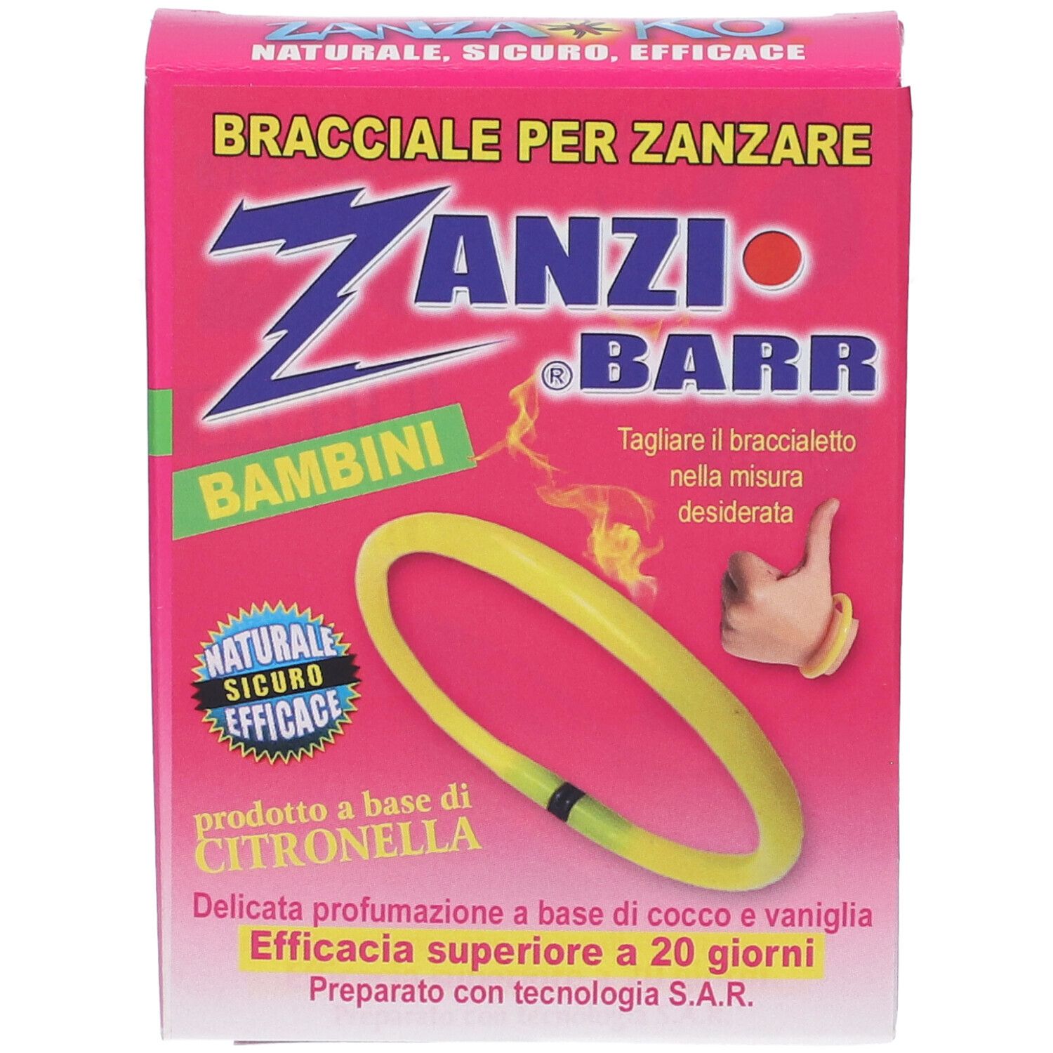 Scatola rosa con braccialetto giallo. Scritto: Zanzi Barr, Bambini. Prodotto a base di citronella.