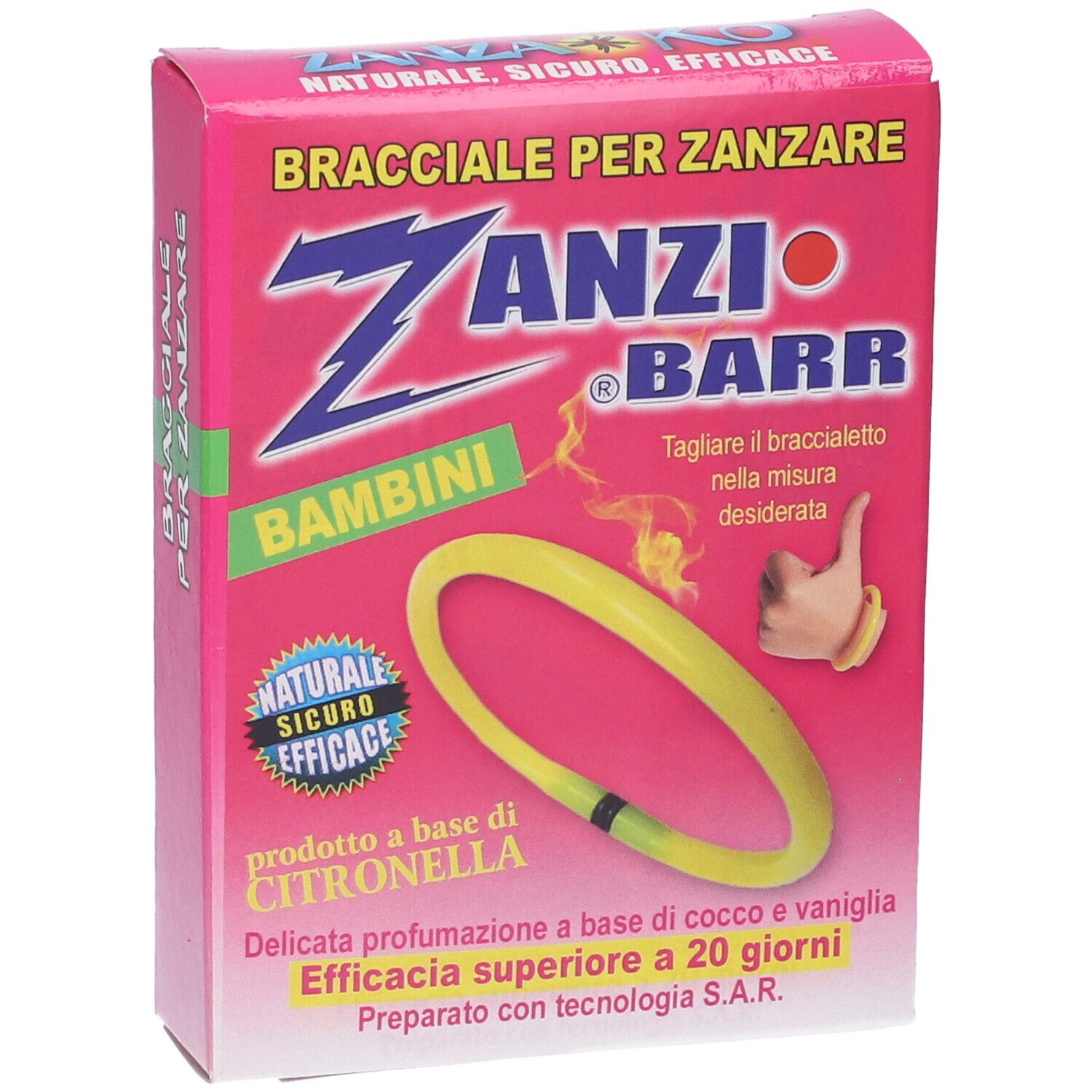 Scatola rosa con braccialetto giallo. Scritto: Zanzi Barr, Bambini. Prodotto a base di citronella.