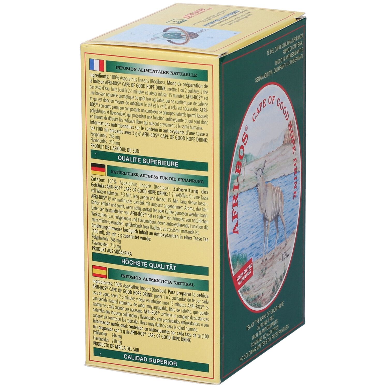 Scatola AFRI-BOS. Retro con testo multilingue. Immagine di un animale vicino all'acqua. Testo: Cape of Good Hope Drink.