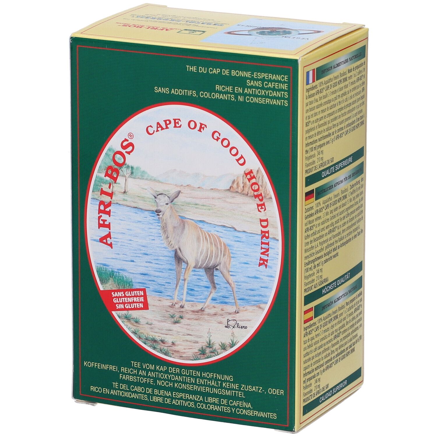 Scatola verde AFRI-BOS. Immagine di un animale vicino all'acqua. Testo: Cape of Good Hope Drink, senza glutine, senza caffeina.