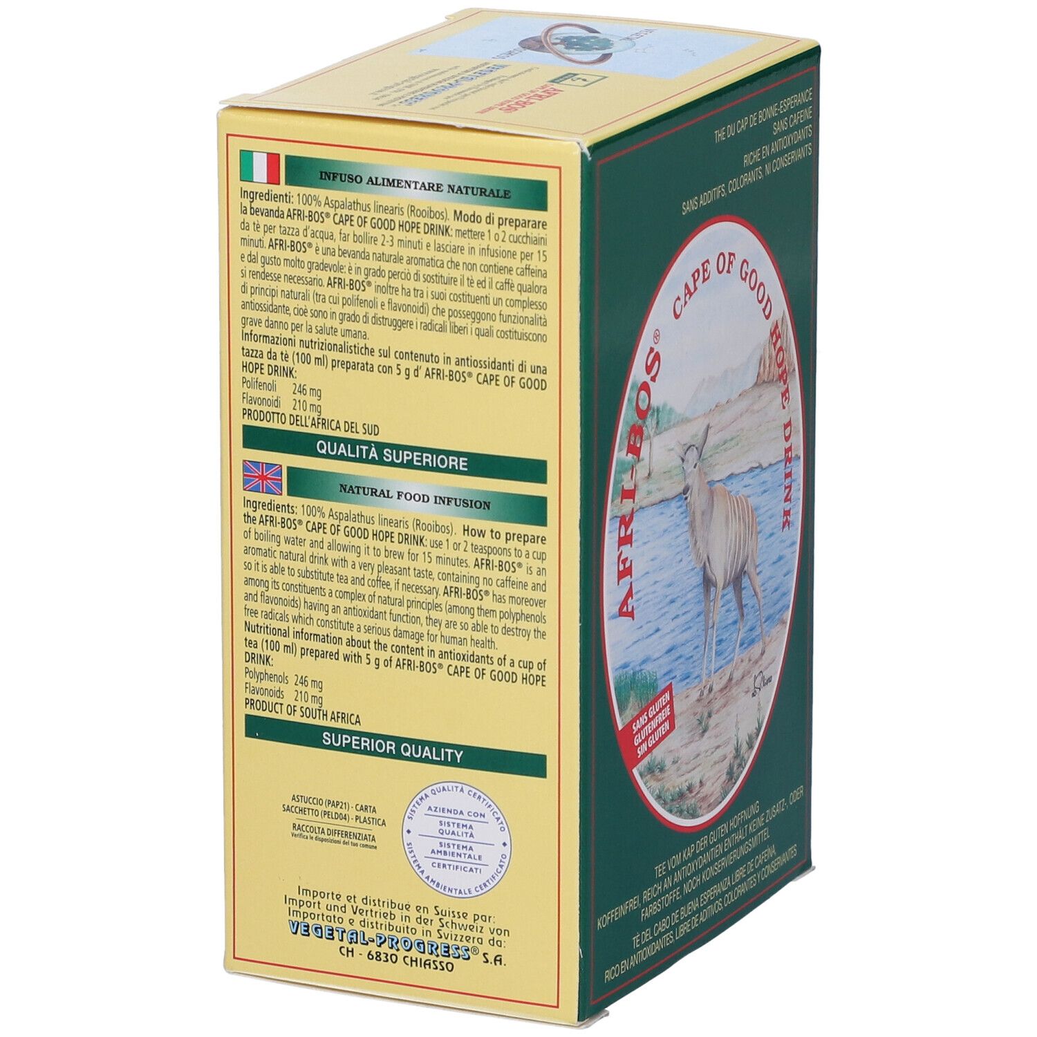 Scatola AFRI-BOS. Retro con testo multilingue. Immagine di un animale vicino all'acqua. Testo: Cape of Good Hope Drink.